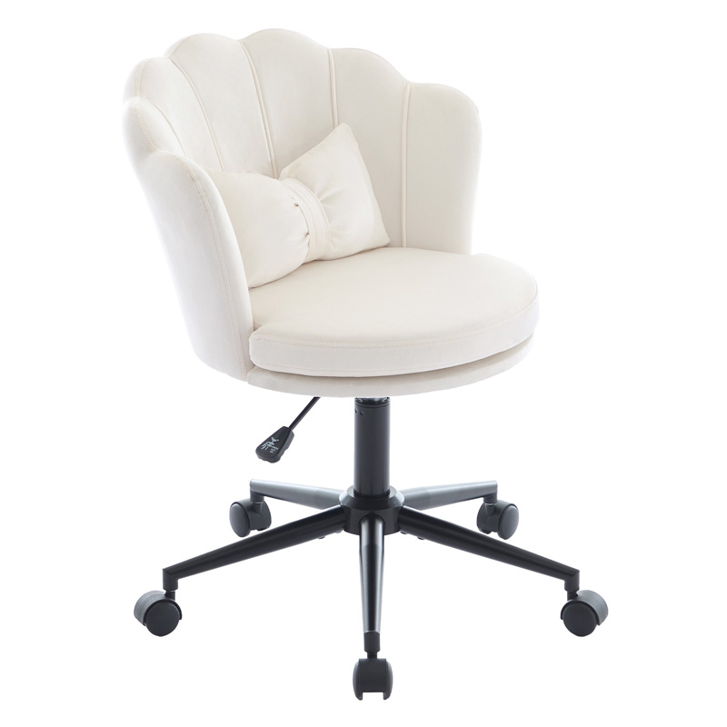 Chaise de bureau beige en velours avec dossier en forme de pétales, coussin lombaire et hauteur réglable