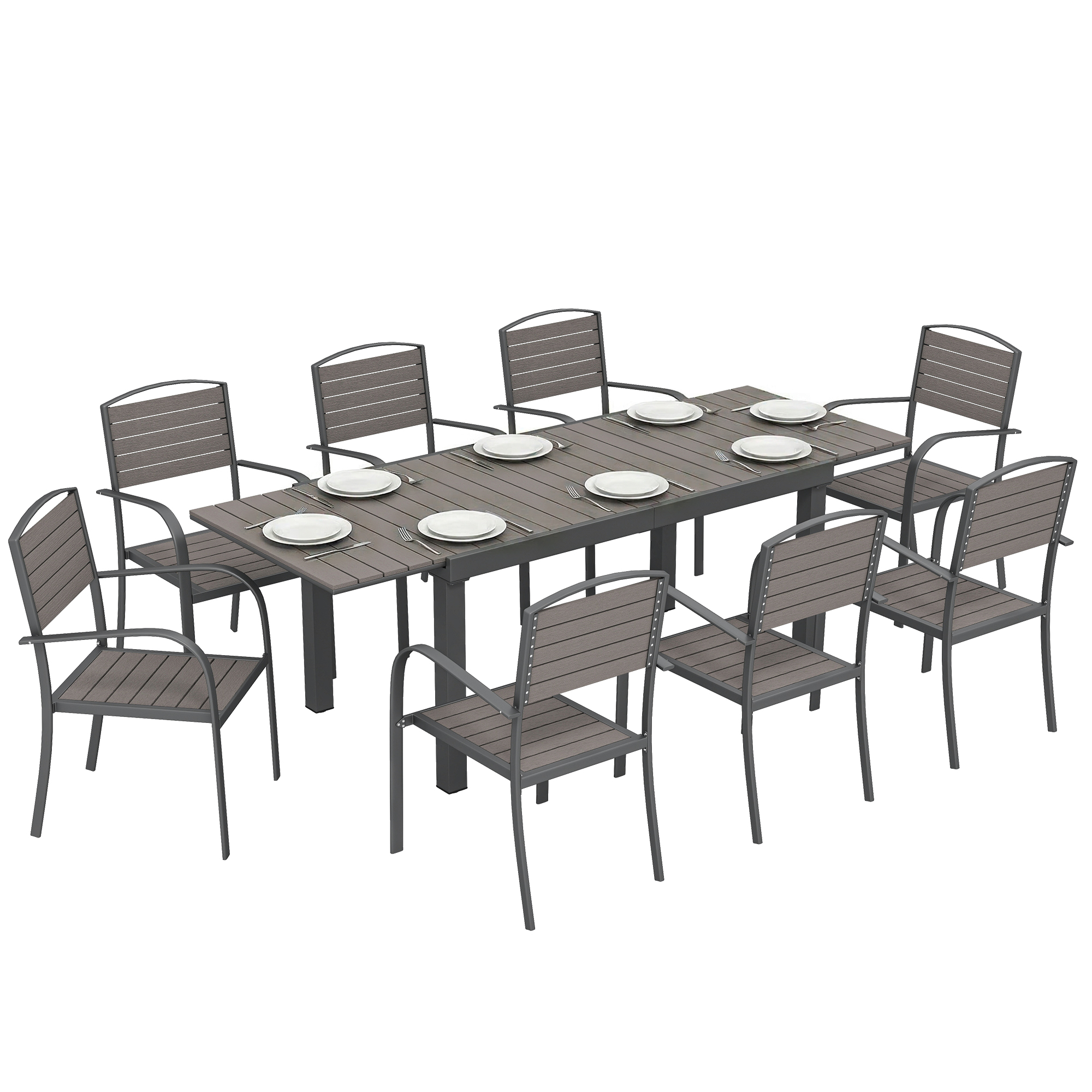 Outsunny Conjunto de Mesa y Sillas Jardín de 9 Piezas, Muebles Jardín Exterior con Estructura de Aluminio Resistente, Mesa Extensible, 8 Sillas, Tablero de Lamas de Madera Plástica, para Patio, Gris