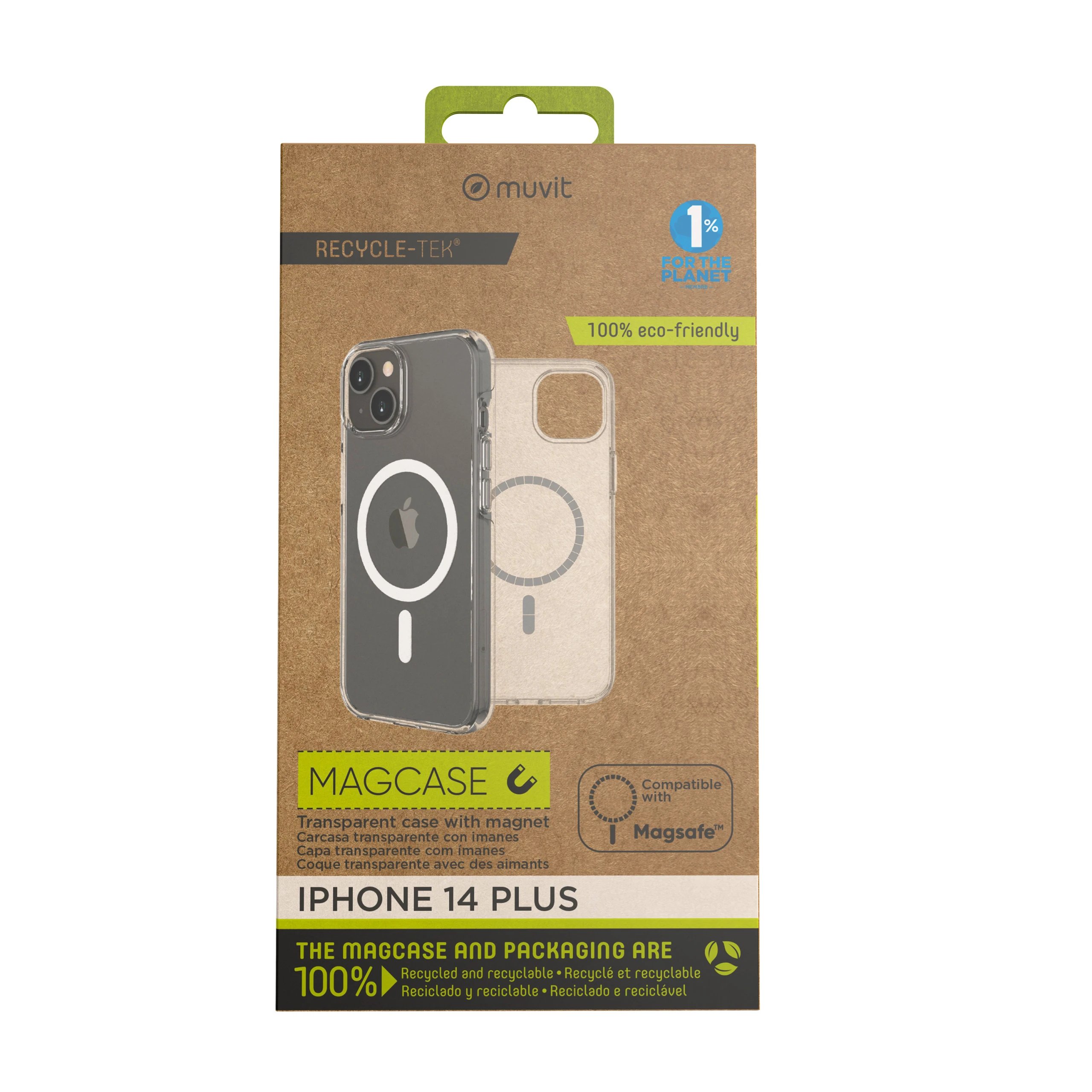 Muvit - Funda Recycletek MCBKC0283 para iPhone 14 Plus transparente con tecnología MagSafe y fabricada con materiales reciclados
