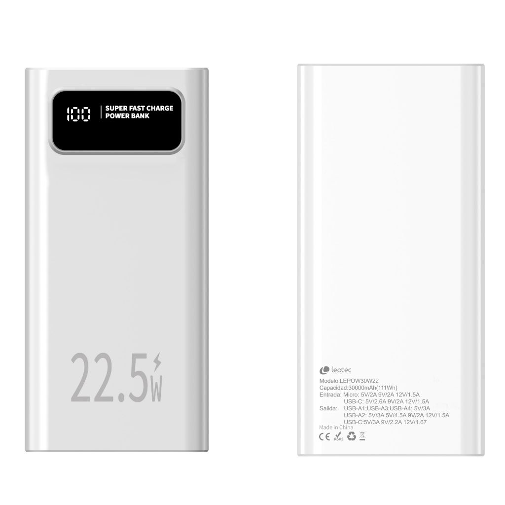 Leotec - Power Bank LB10230121 de 30.000 mAh con carga ultrarrápida de 22,5 W (PD 3.0 y QC 3.0), pantalla digital, 1 puerto USB-C + 4 puertos USB-A, seguridad contra sobrecargas y cortocircuitos, ideal para viajes y uso diario