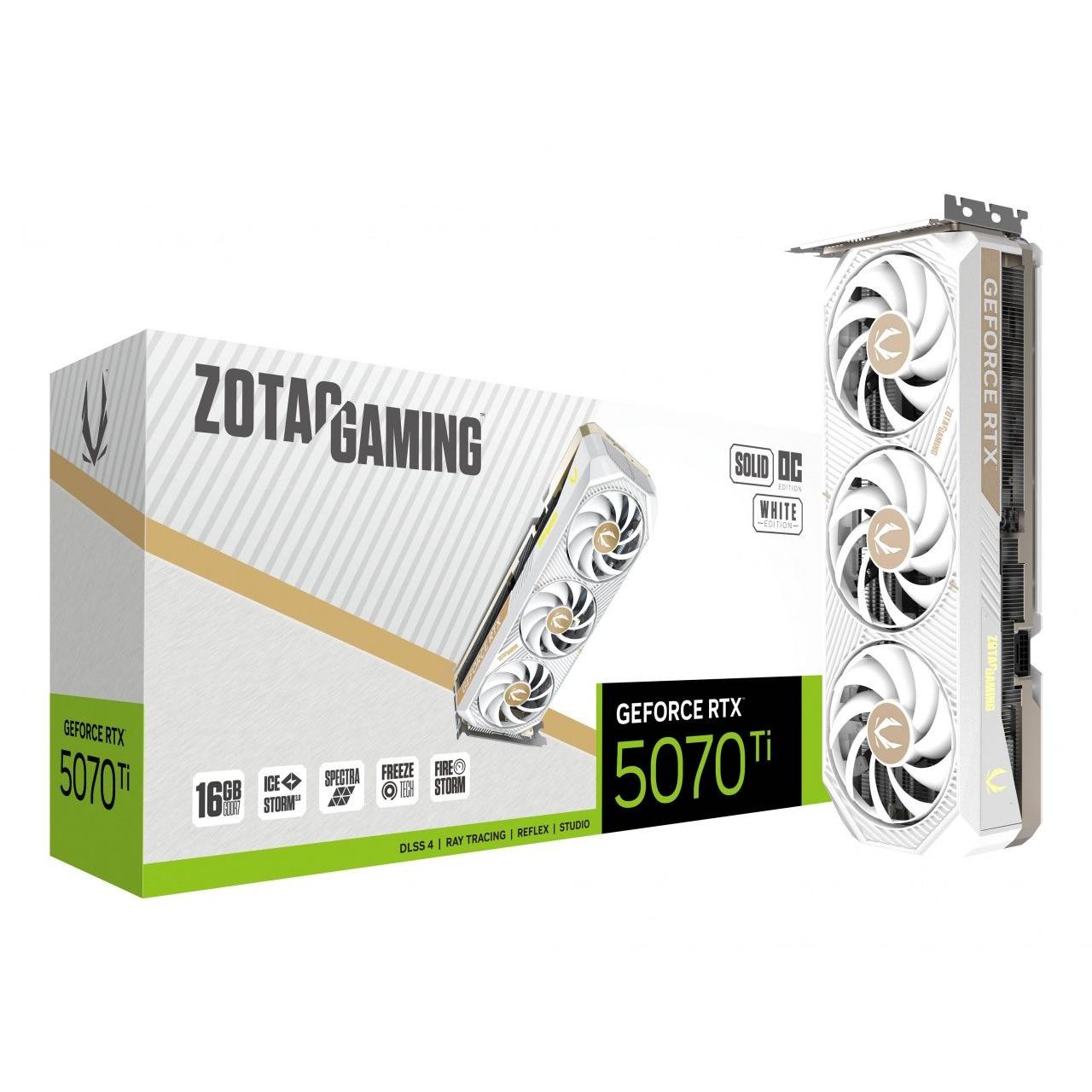 Zotac - Tarjeta gráfica RTX 5070 Ti Solid Core OC Blanco ED 16GB GDDR7 para PC, con refrigeración de tres ventiladores, compatibilidad G-SYNC y resolución hasta 7680x4320, ideal para gaming y creación de contenido