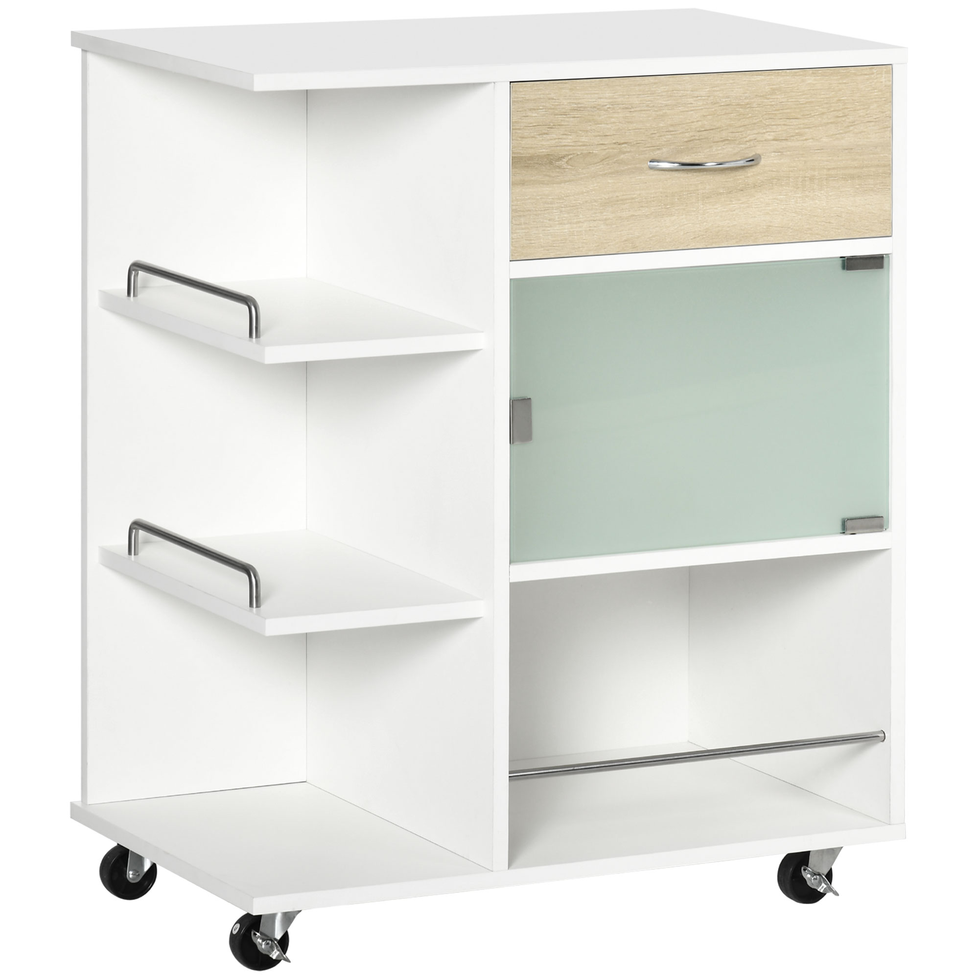 HOMCOM Carrito de Cocina Carrito Auxiliar con 1 Cajón Puerta de Vidrio y Estantes Abiertos Carro Auxiliar con Ruedas para Comedor Salón Baño 65x39x80 cm Natural