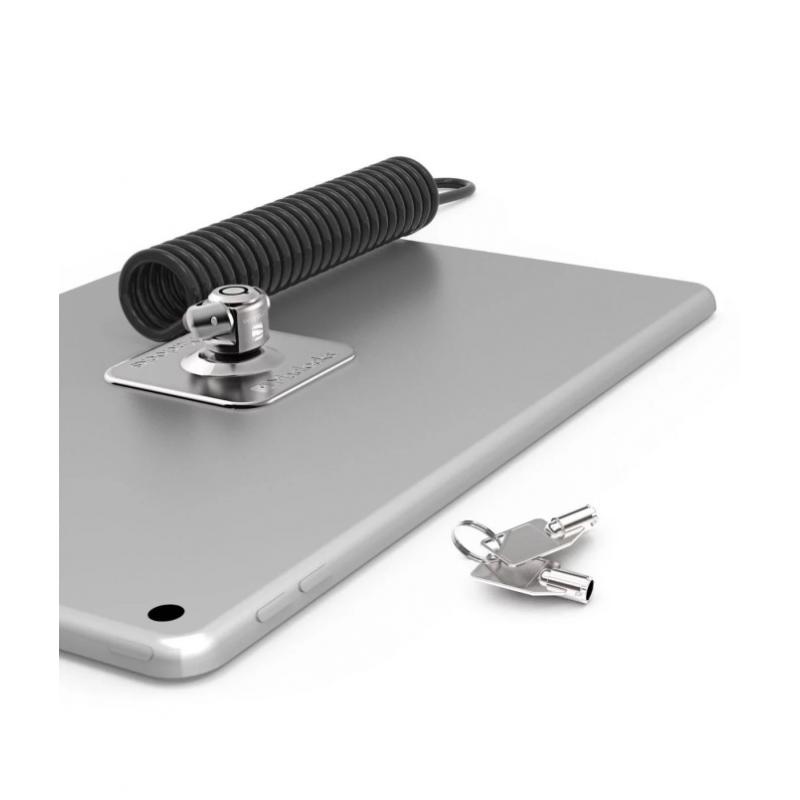 Placa y cable de seguridad en espiral con llave para anclaje de tablets y smartphones