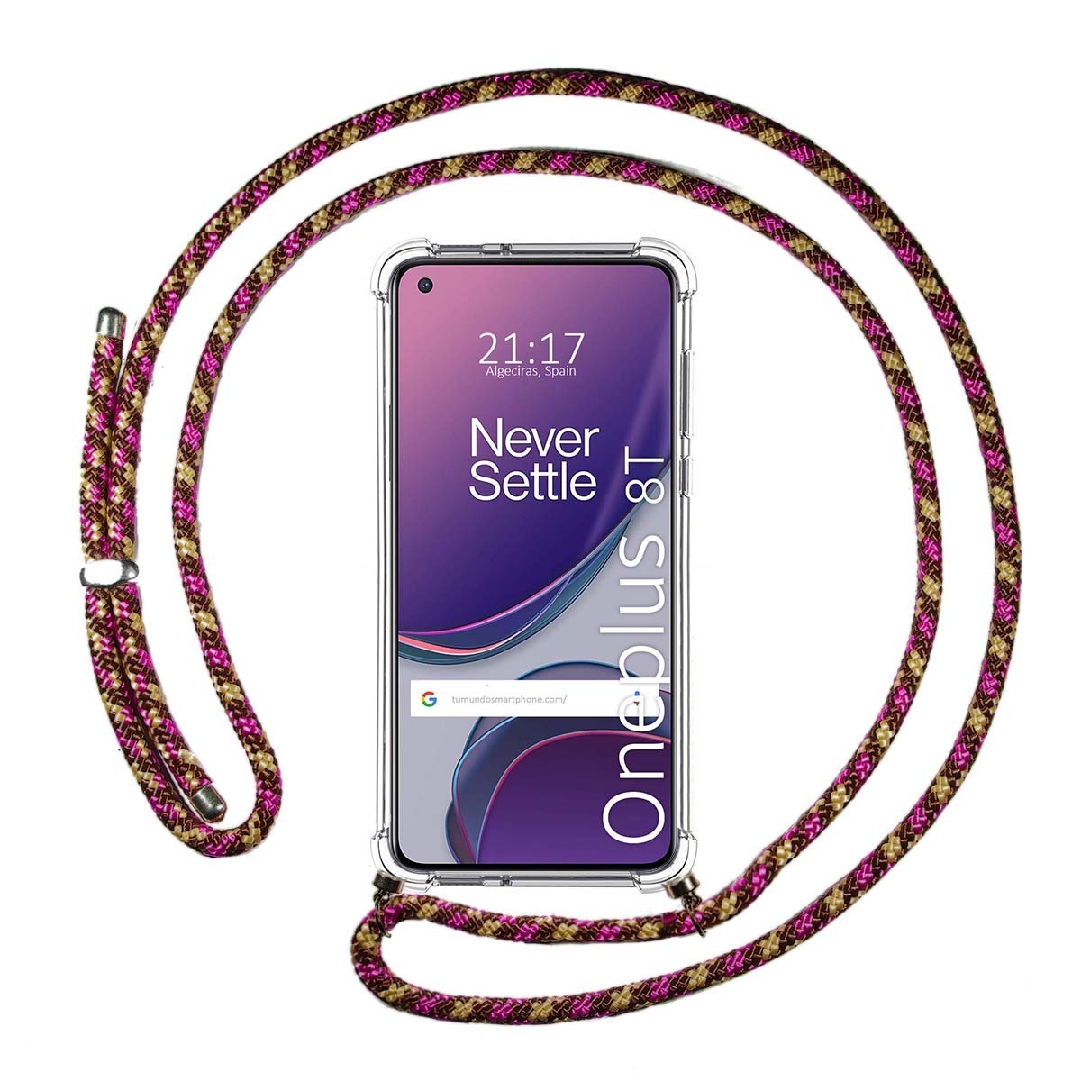 Tumundosmartphone Funda Colgante Transparente para OnePlus 8T 5G con Cordon Rosa / Dorado