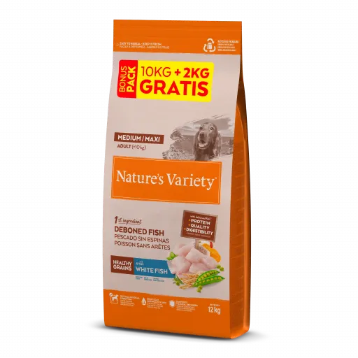 Nature's Variety Pienso Medium Adult Healthy Grain Pescado Blanco para Perros - 10+2 KG