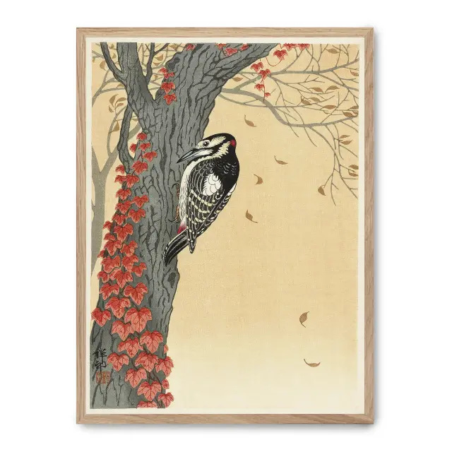 Cuadro autumn bird 30x40cm, Póster impreso en papel de primera calidad de 180gr, montado sobre marco de madera MDF acabado roble., Arte - Japonés