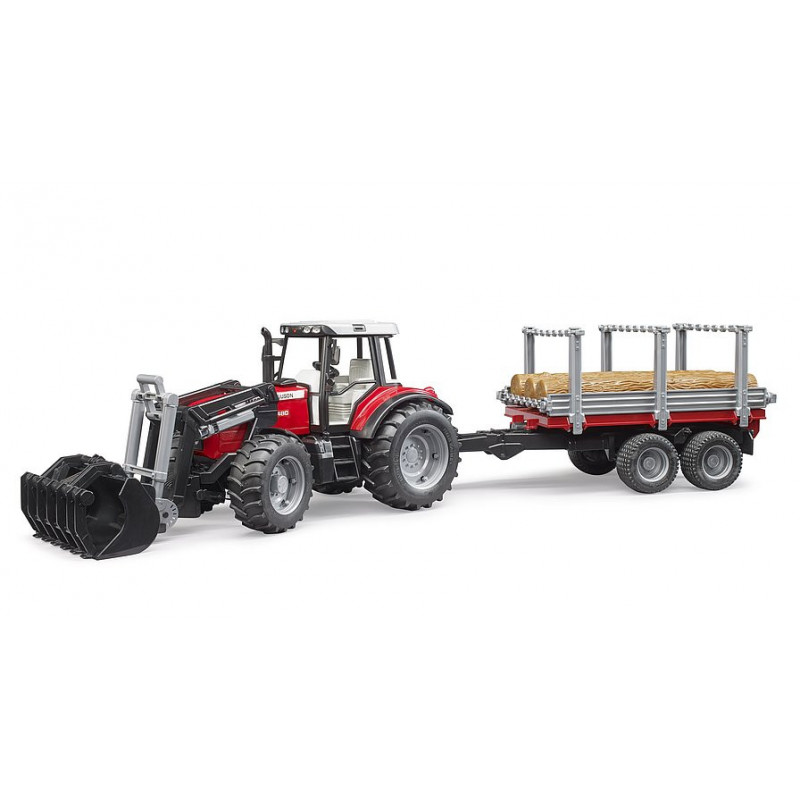 Bruder Massey Ferguson 7480 Tractor Forestal con Pala y Remolque - Realista y Funcional