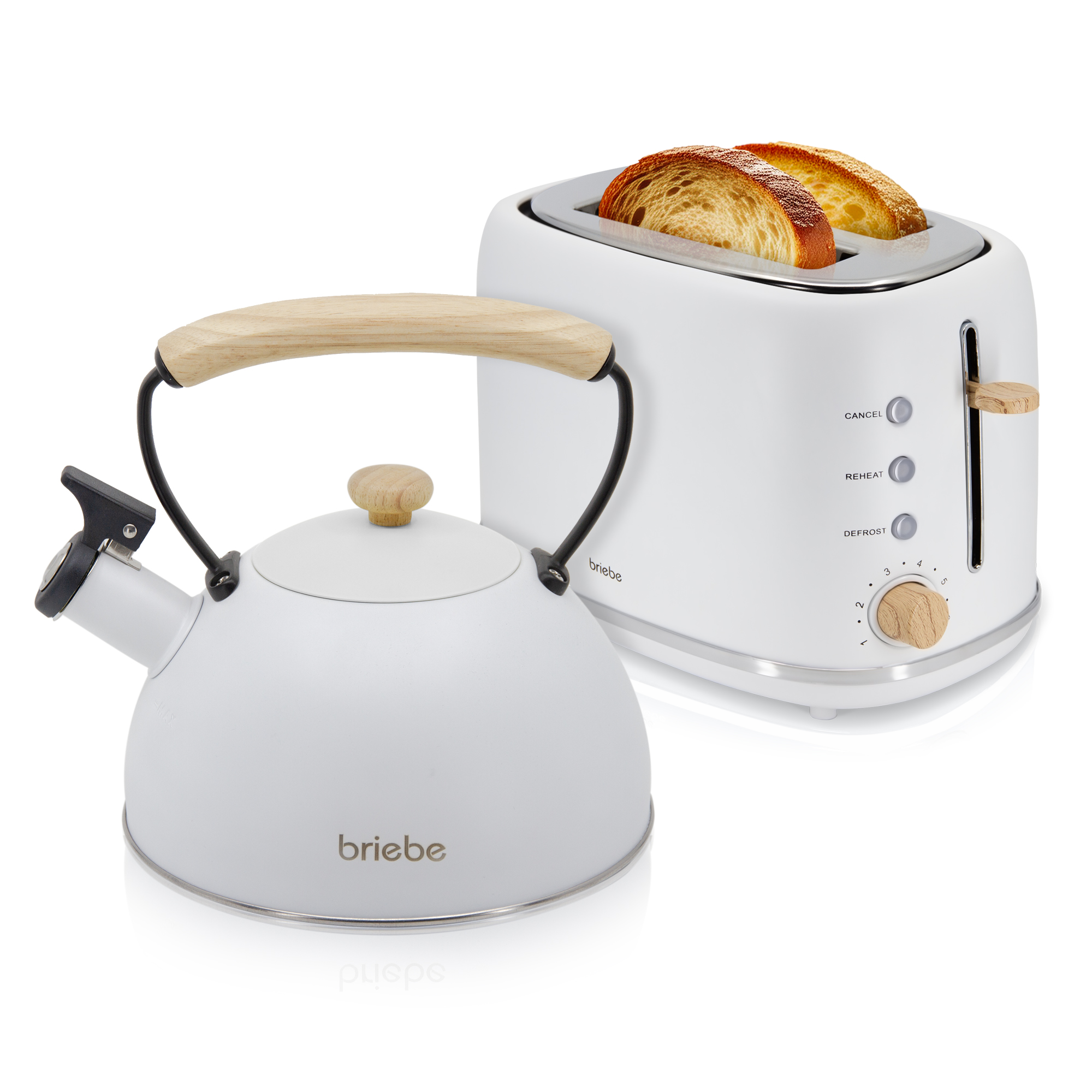 Briebe SKT1177WHT Nordic Set Tostadora Pan Ranura Ancha 2 Rebanadas + Tetera 2,3L Acero Inox, Inducción Libre BPA, 870W, Blanco
