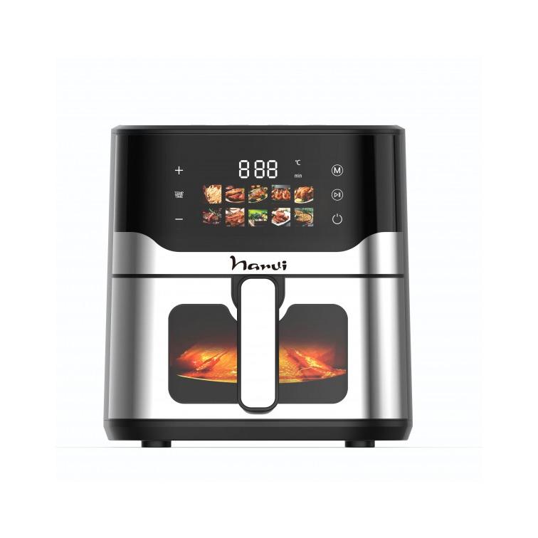 NARVI Freidora de aire de Acero Inoxidable_ sin Aceite. Capacidad 8L. Potencia 2200W_ con Doble Grill y Doble Resistencia_ Ventana Visible con Luz Interior_ y Control Táctil Digital_ con 10 programas automáticos. Ref. NF19
