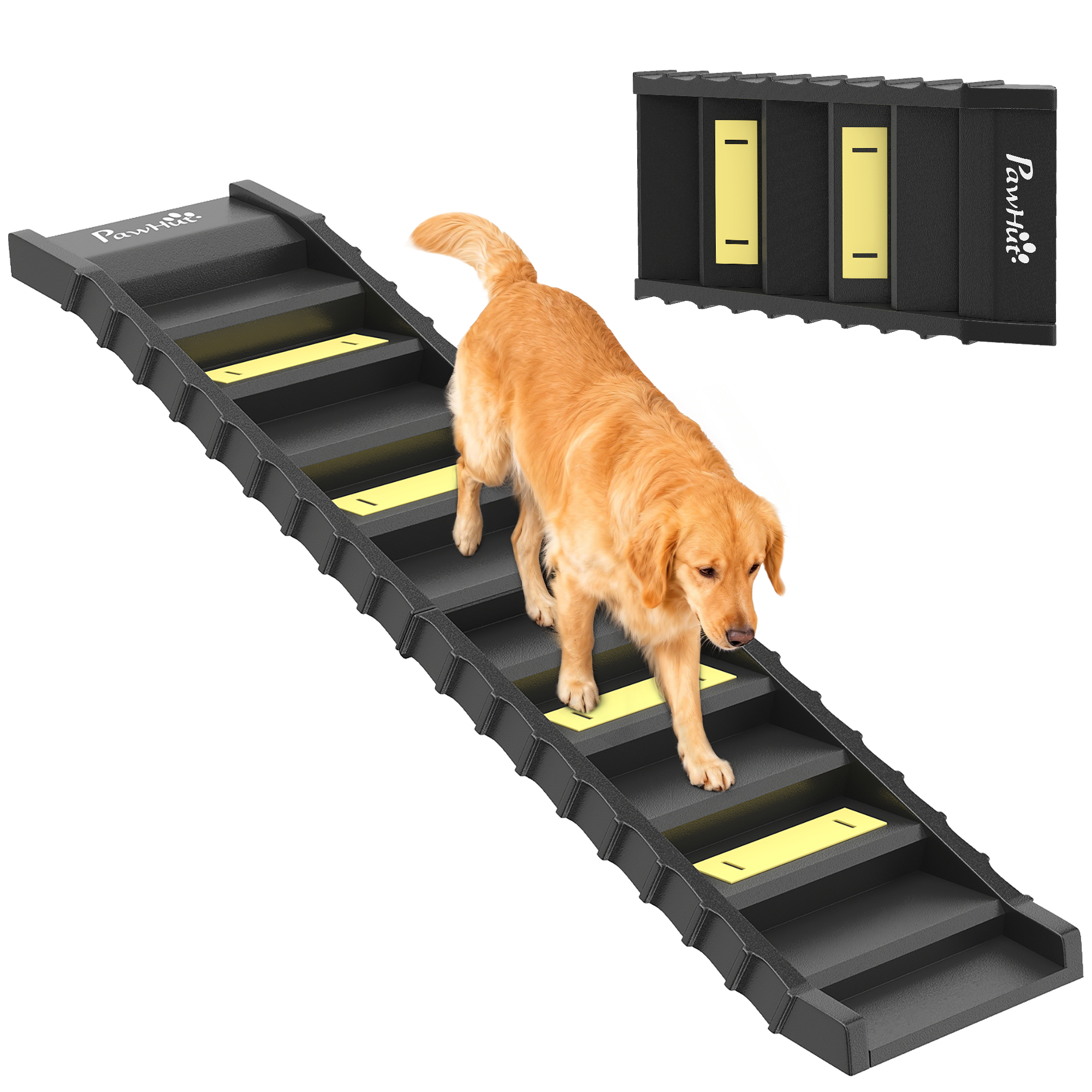 PawHut Rampa para Perros Plegable, 154 cm, Rampa para Perros para Coche y Cama Alta con 10 Escalones Antideslizantes, Ligera y Resistente, Carga 68 kg, para Sofá, Negro
