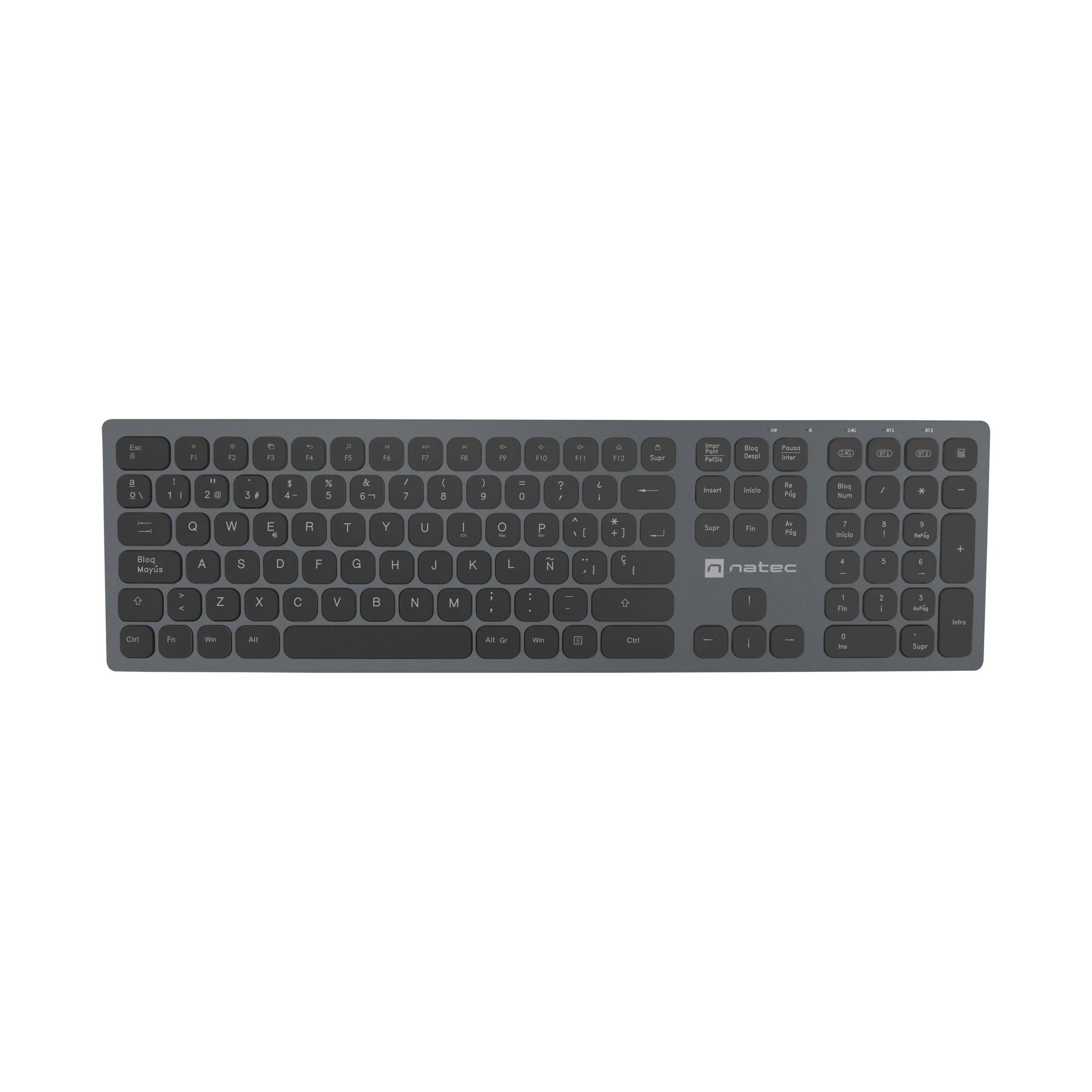Natec - Teclado inalámbrico NKL-1830 con tecnología RF Wireless y Bluetooth, membrana silenciosa, teclado numérico integrado y teclas programables para productividad en oficina, hogar o entornos multi-dispositivo