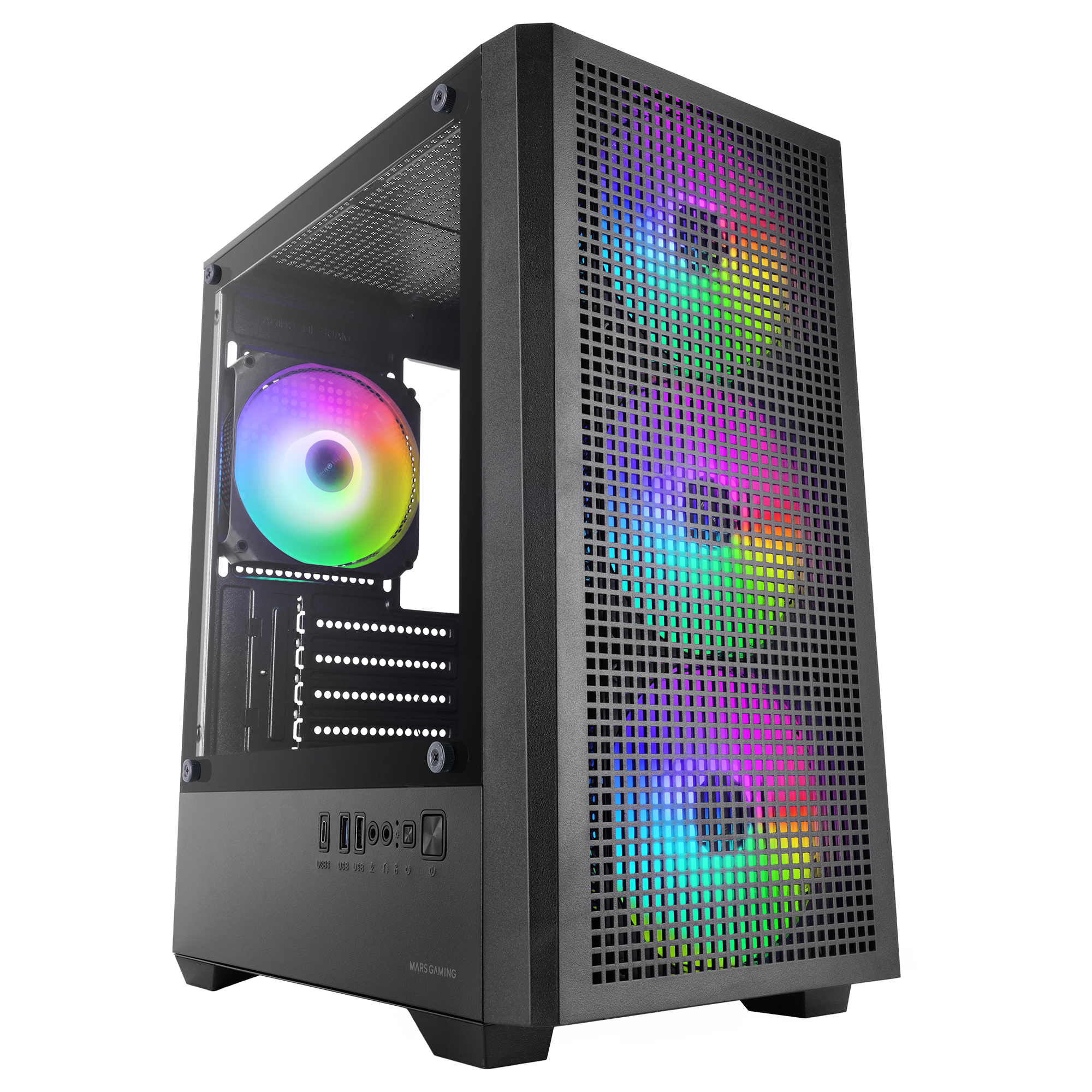 Mars Gaming MC-VECTOR, Caja PC Gaming Micro-ATX y Mini-ITX, 4x Ventiladores ARGB FDB 120mm, Cristal Templado, Frontal Mesh, Doble Cámara, Soporte Refrigeración Líquida 120mm, USB-C, Negro o Blanco