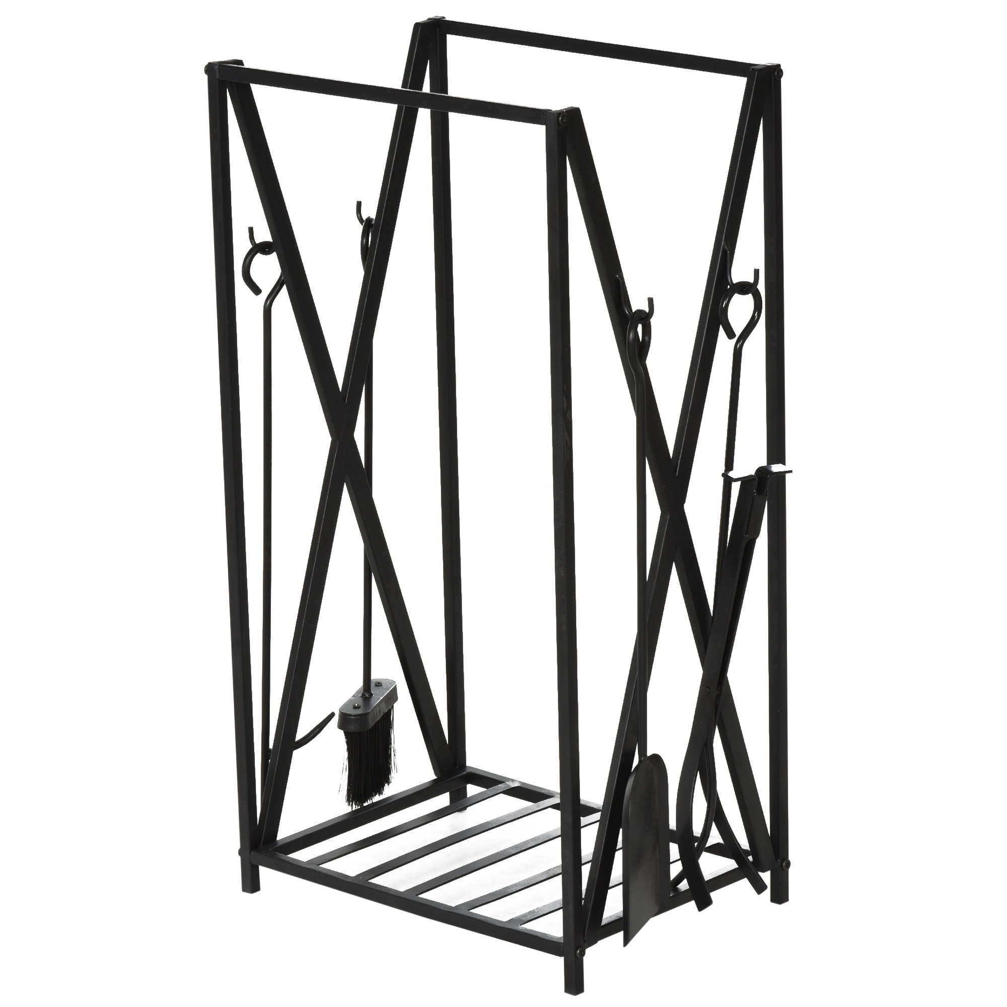 HOMCOM Estante de Leña para Chimenea 46x30x76 cm con 4 Herramientas Incluidas Marco de Acero Estable Carga 100 kg para Exterior e Interior Negro