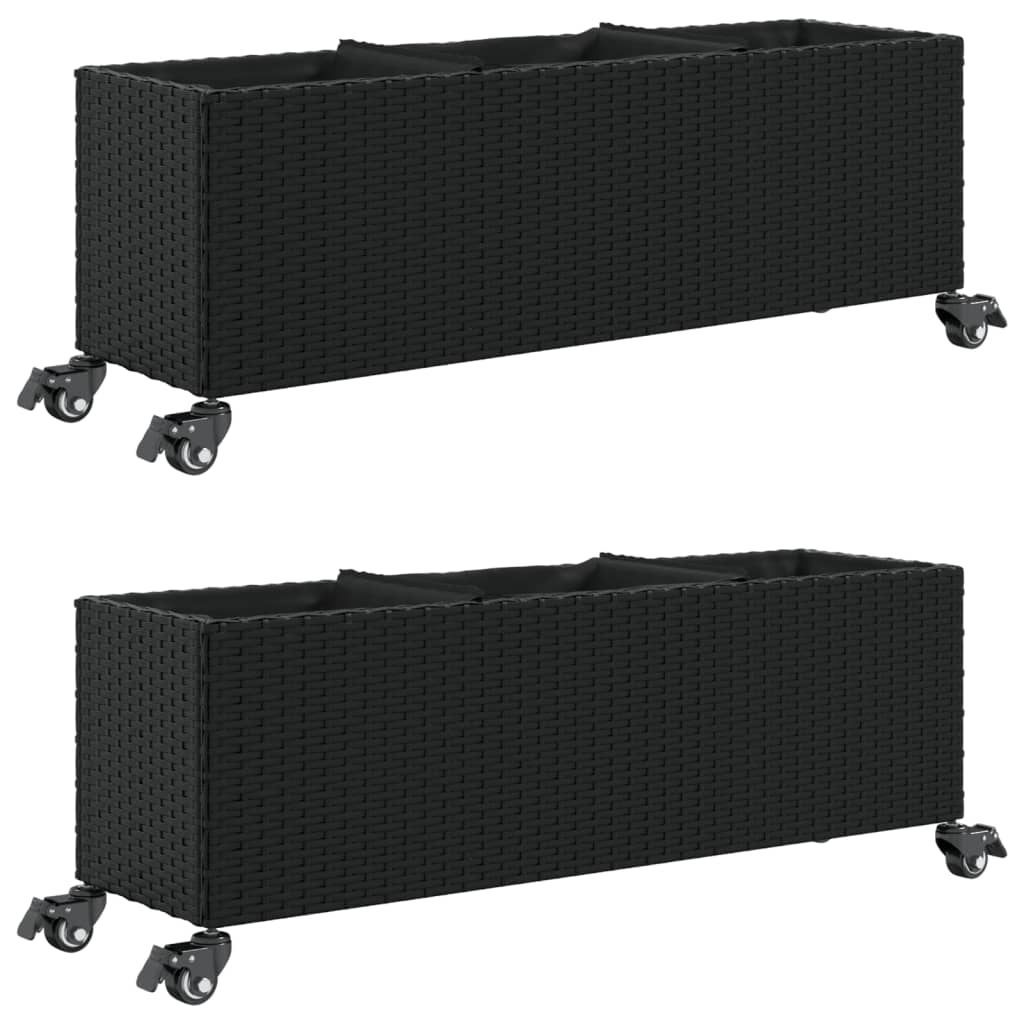 vidaXL Jardineras con ruedas 2 uds ratán sintético 107x32x38 cm en color Gris/Negro