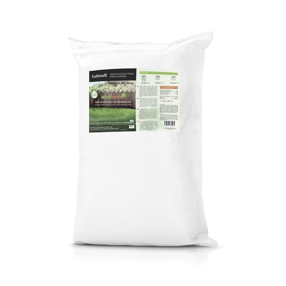 CULTIVERS Abono Césped Ecológico 20 kg.  Vegetal 100% Orgánico y Vegano Granulado de Liberación Lenta  con NPK 8-1-5+74% M.O