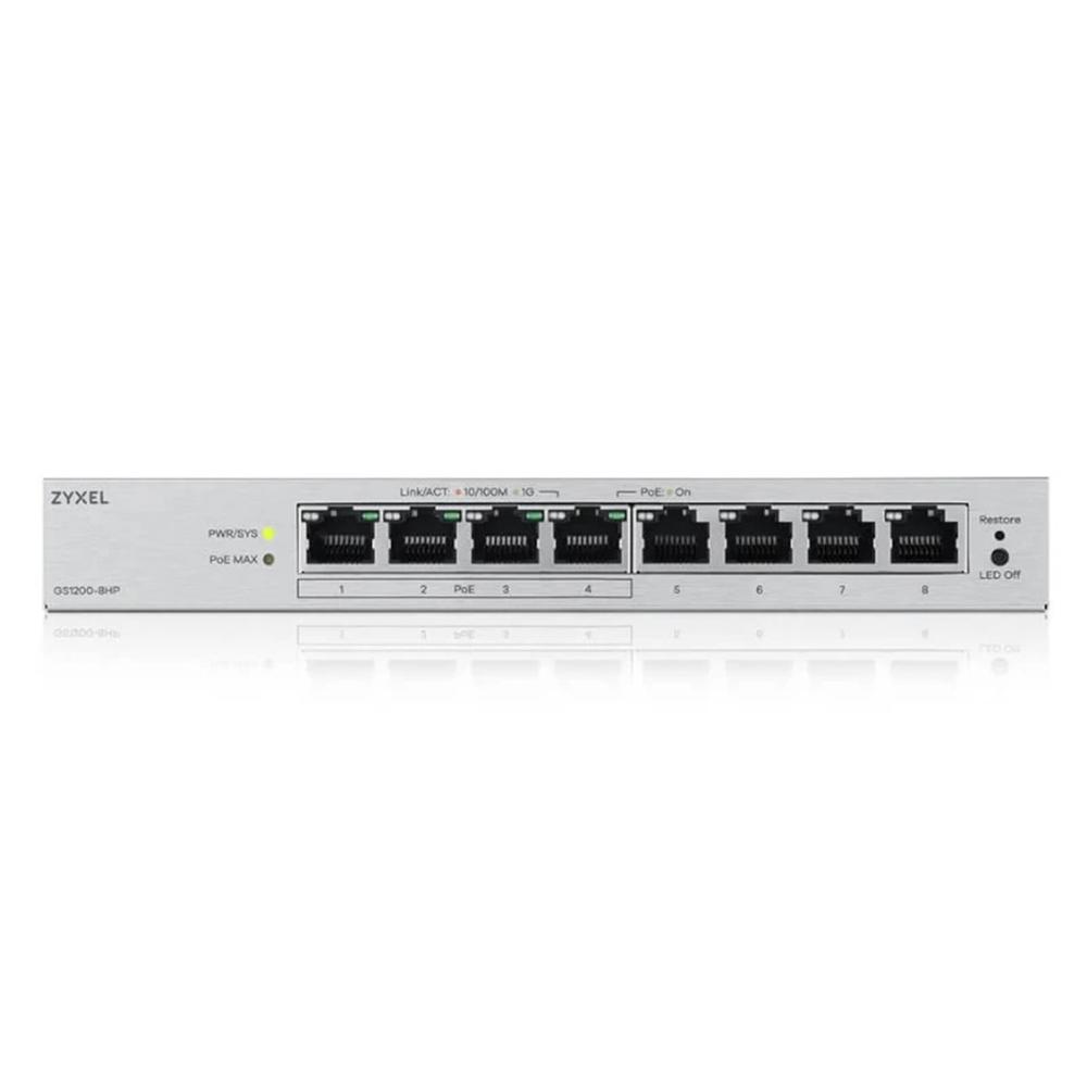 Zyxel - Switch 8 puertos Gigabit Ethernet GS1200-8HPv3 con 4 puertos PoE+ (68 W) para puntos de acceso, cámaras y teléfonos IP