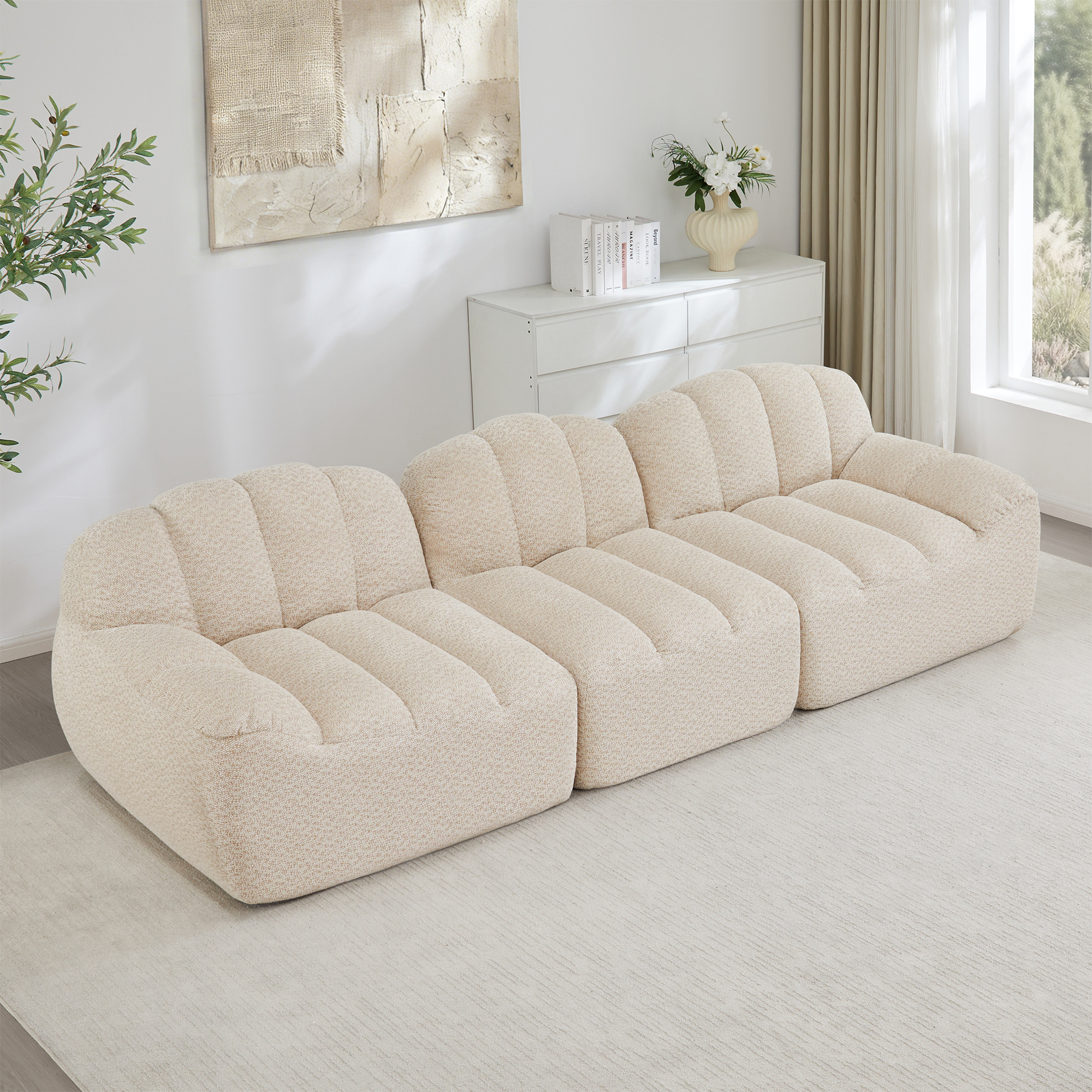 Canapé modulable 3 places beige blanc sans structure en tissu polaire texturé avec assise profonde