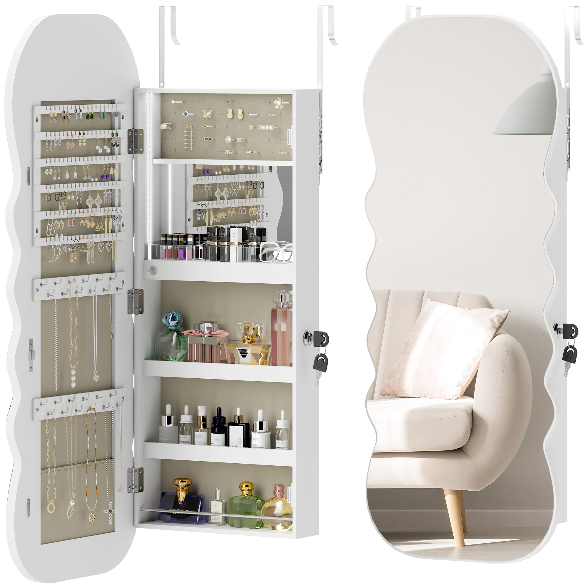HOMCOM Espejo Joyero con Luz LED de 3 Colores, Armario Joyero Montado en la Pared o en la Puerta, Armario para Joyas con Cerradura, Espejo Entero, Diseño Ondulado, Blanco