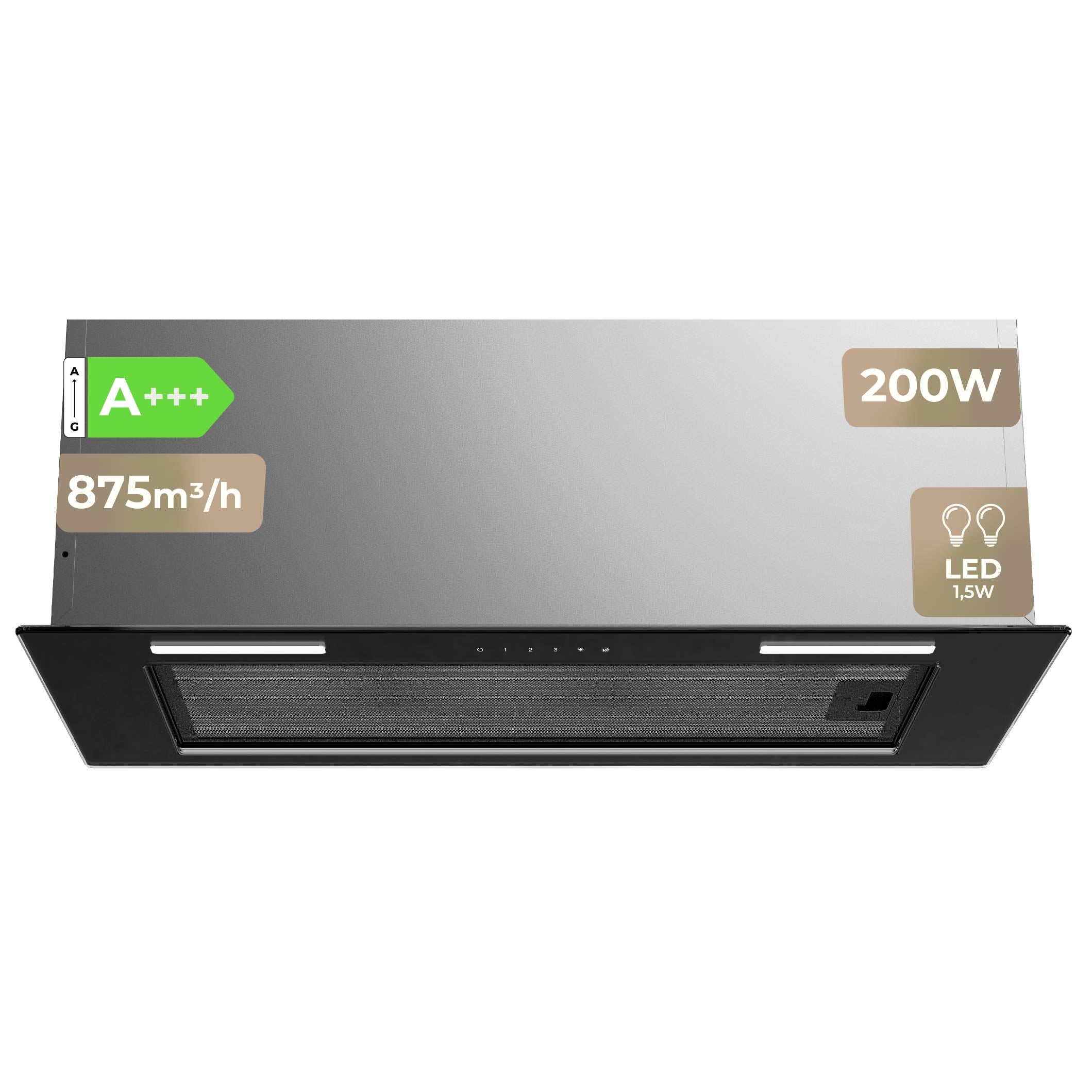 EVVO - Campana extractora CEi52 Black 60 cm integrable con eficiencia energética A+++, motor 200 W, modo boost, temporizador, filtros aluminio y carbón, diseño negro silencioso