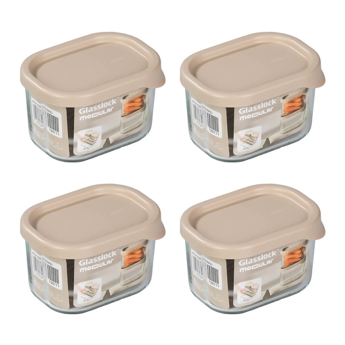Glasslock Modular - Lote de 4 Recipientes Rectangulares de 0.3L en Vidrio Templado para Nevera