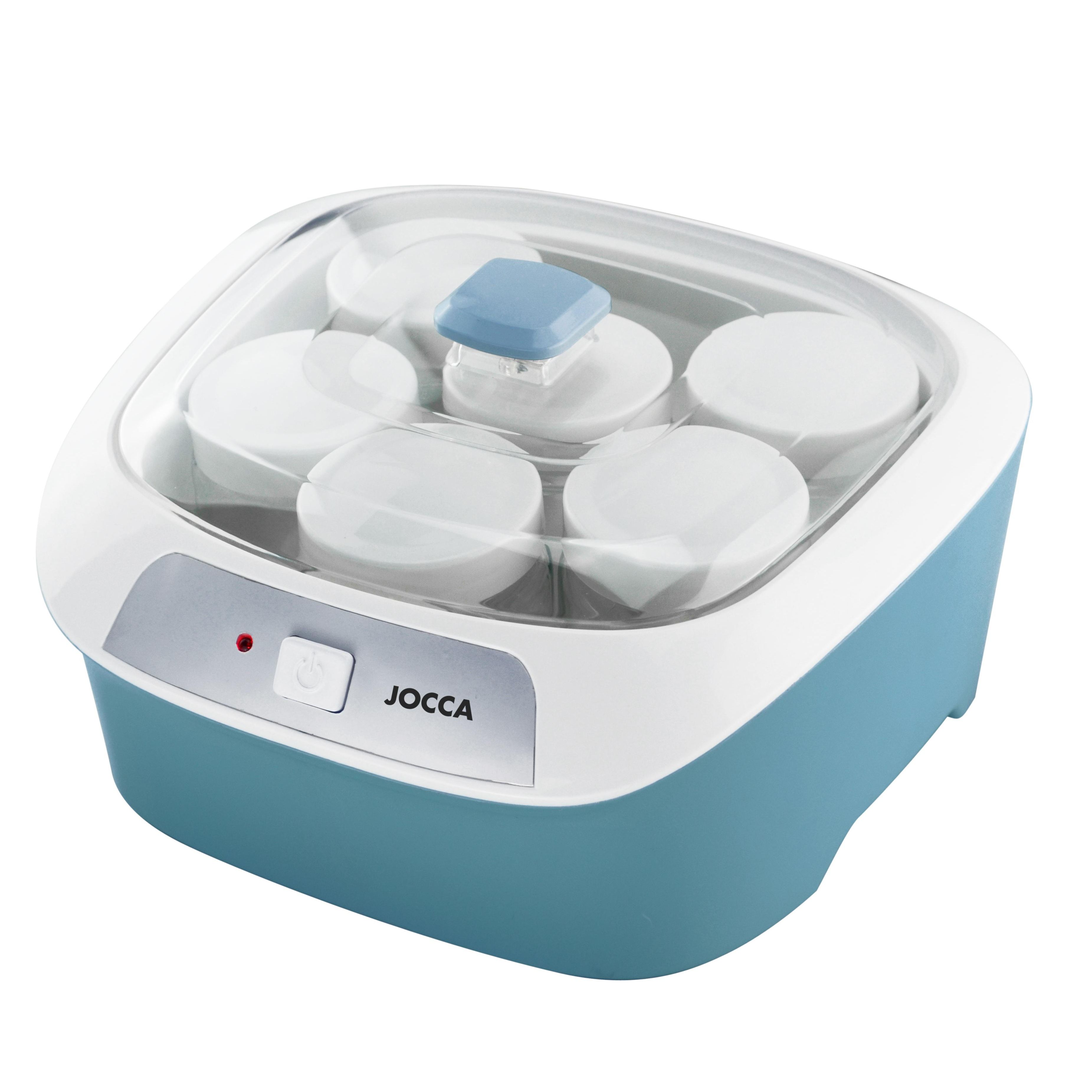 Yogurtera de la marca Jocca con 6 tarros de cristal de 170 ml con tapa libre de fugas para almacenar, trasladar y conservar. Diseño compacto para su fácil almacenamiento