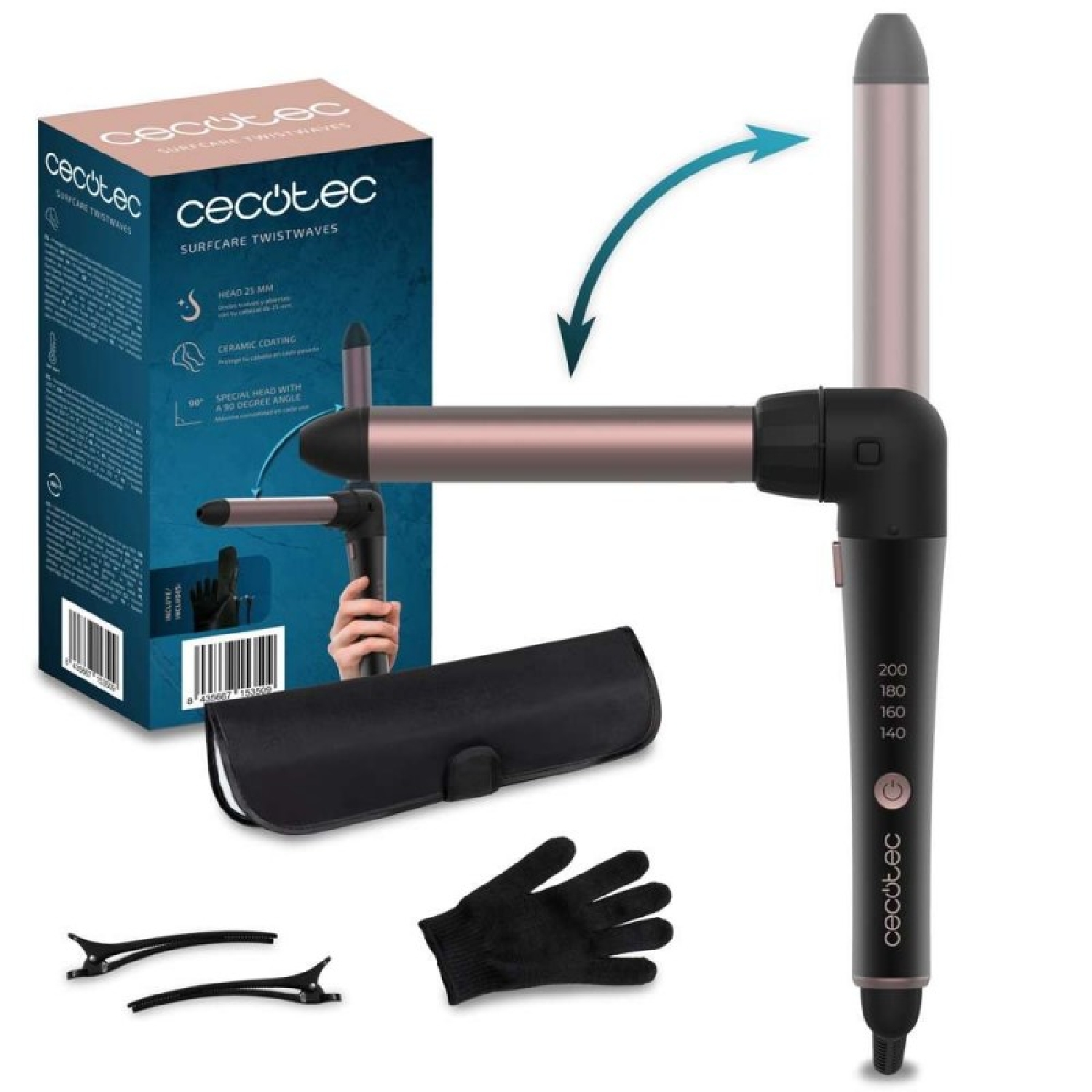 Cecotec Rizador de Pelo SurfCare 3200 TwistWaves. 60W, Cabezal de 32mm de Diámetro, Codo de 90º, Comodidad de Uso