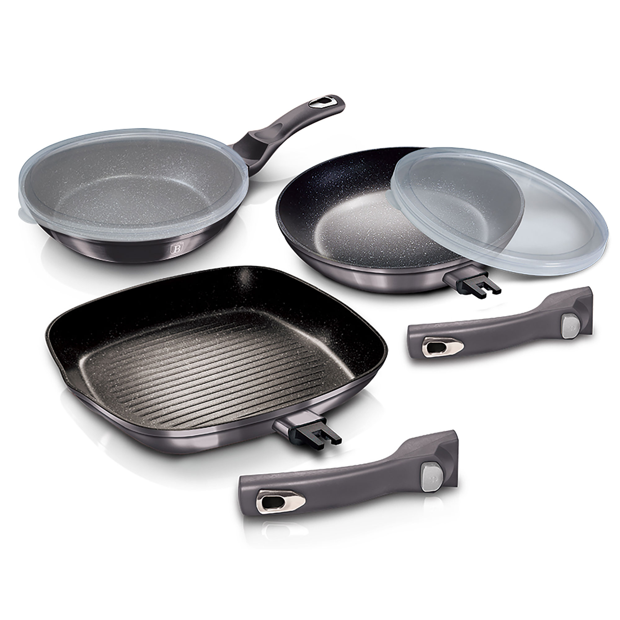 Berlinger Haus Carbon Pro Set 2 Sartenes y Grill 20-24-28cm Inducción, Aluminio Forjado, Antiadherente, Mangos Extraíbles, , Gris Oscuro