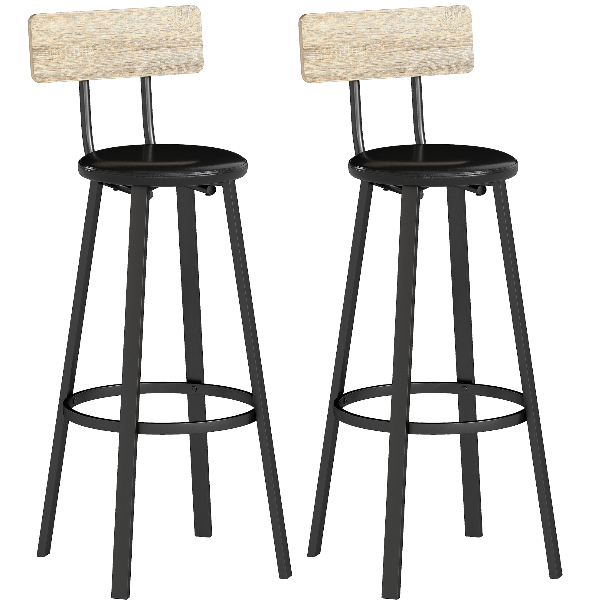 HOMCOM Juego de 2 Taburetes de Bar, Taburetes Altos de Cocina con Respaldo y Reposapiés, Tapizados de PU, Asiento de 75,5 cm de Altura, Fácil Montaje, Estilo Industrial, Natural