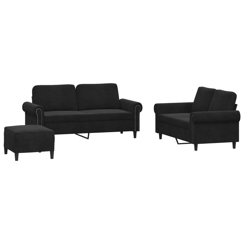 vidaXL Juego de sofás con cojines 3 piezas terciopelo negro