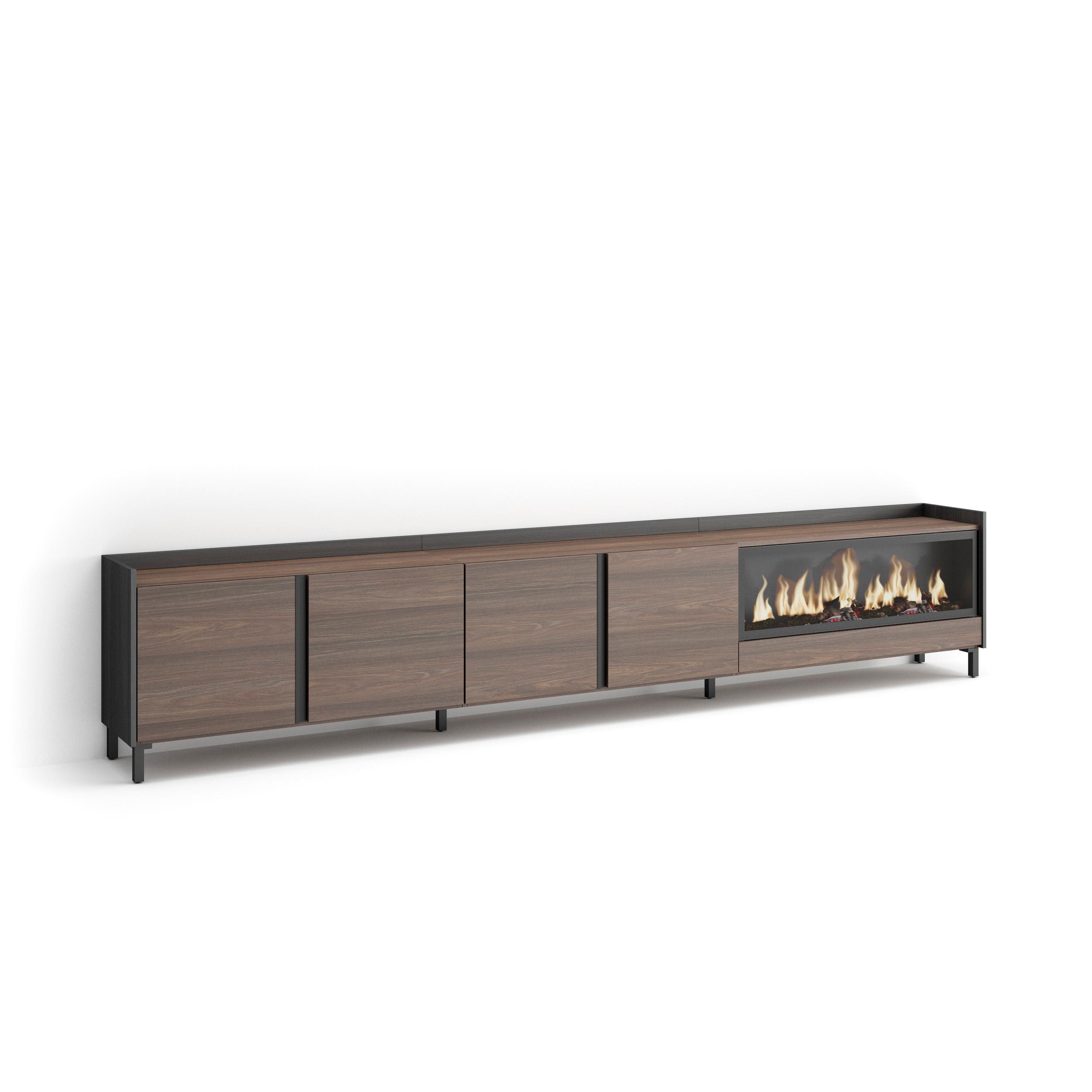 Mueble TV, Televisión, 315x35x61cm, Para TV hasta 80", Chimenea eléctrica XXL, Diseño industrial
