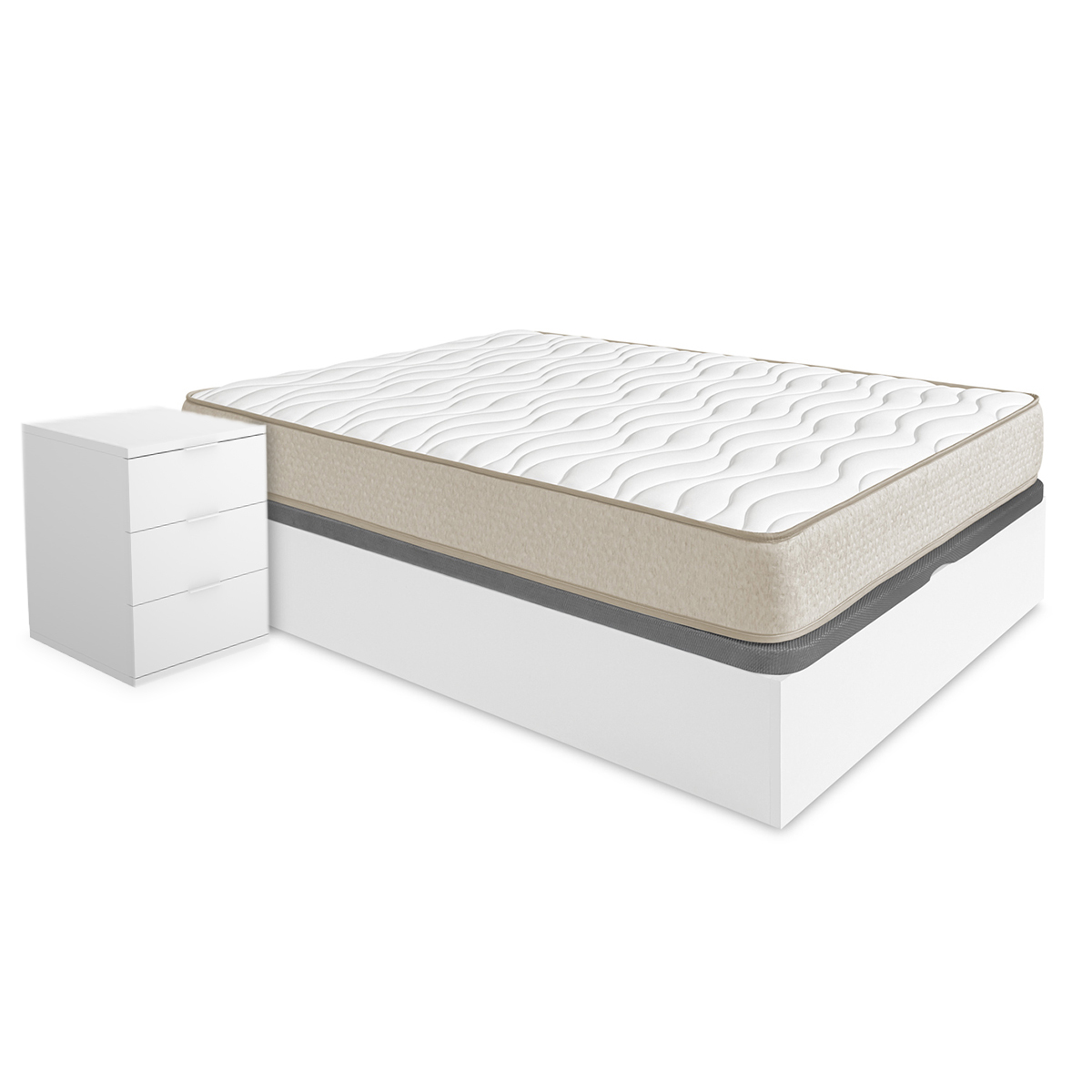 Pack ahorro matrimonio Canapé Nest con Colchón viscoelástico Nova Plus 150 x 190 cm y 2 Mesitas de noche Rio| Montaje Incluido (Solo canapé)
