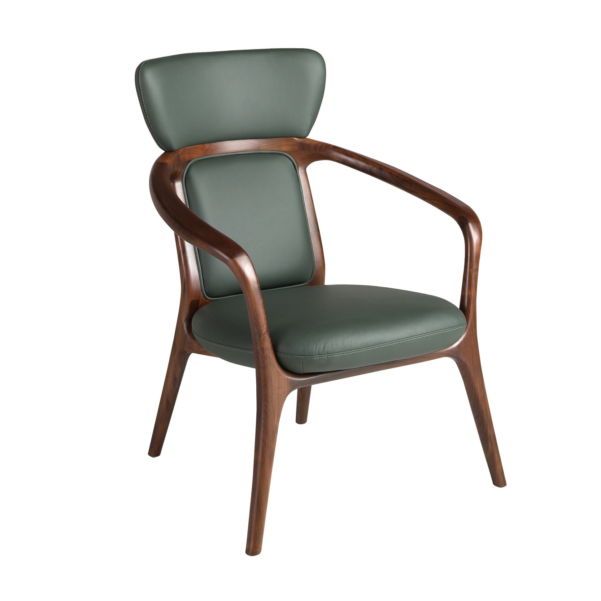 Sillón de polipiel color verde oscuro con patas de madera nogal