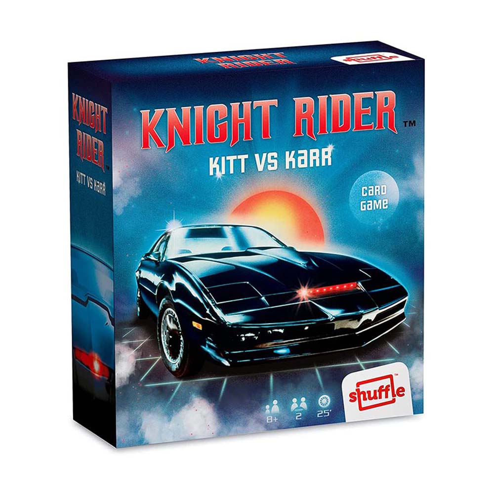 Cartamundi Shuffle El coche fantástico Kitt vs Karr Basado en la serie de televisión Juego de mesa retro Instrucciones multi idioma Incluye baraja de cartas, fichas y dados 2 jugadores A partir de 8 años Partidas de 25 minutos Nostalgia