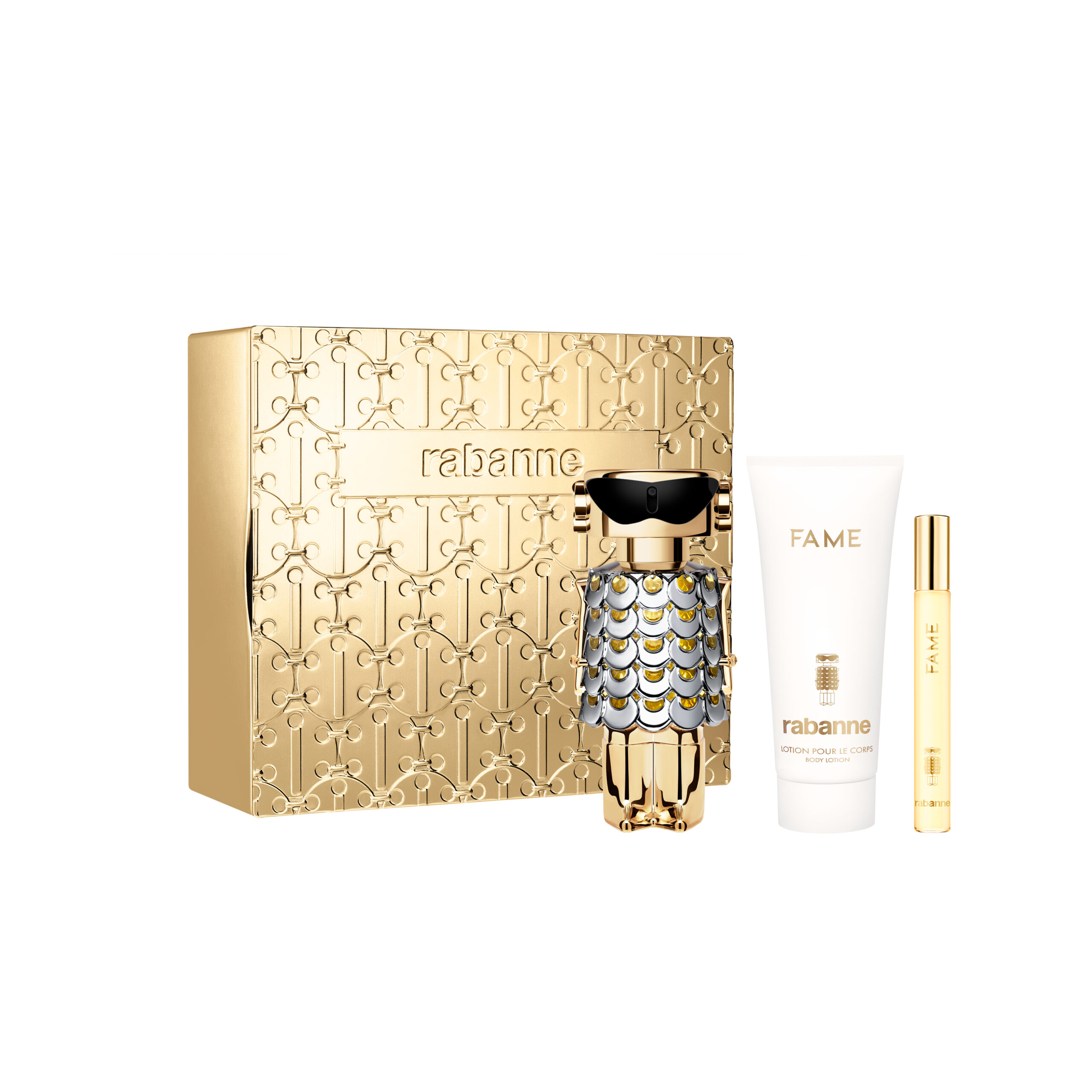 Rabanne Fame Eau de Parfum 80 ml, Loción corporal 100 ml y Spray de viaje 10 ml