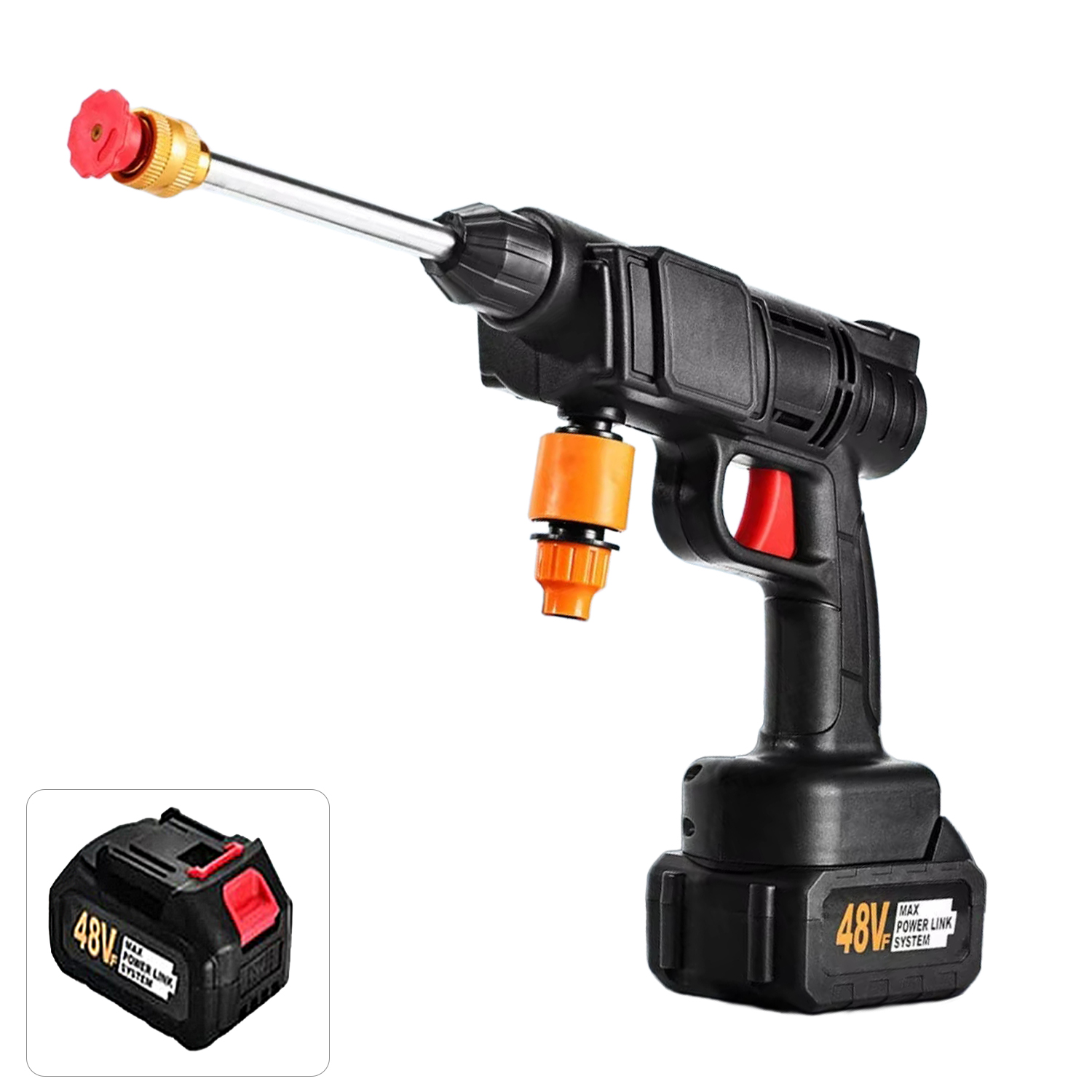 Pistola de lavado a presión con doble batería recargable, 3 adaptadores de lavado diferentes, 300W de potencia y 30 bares de presión.