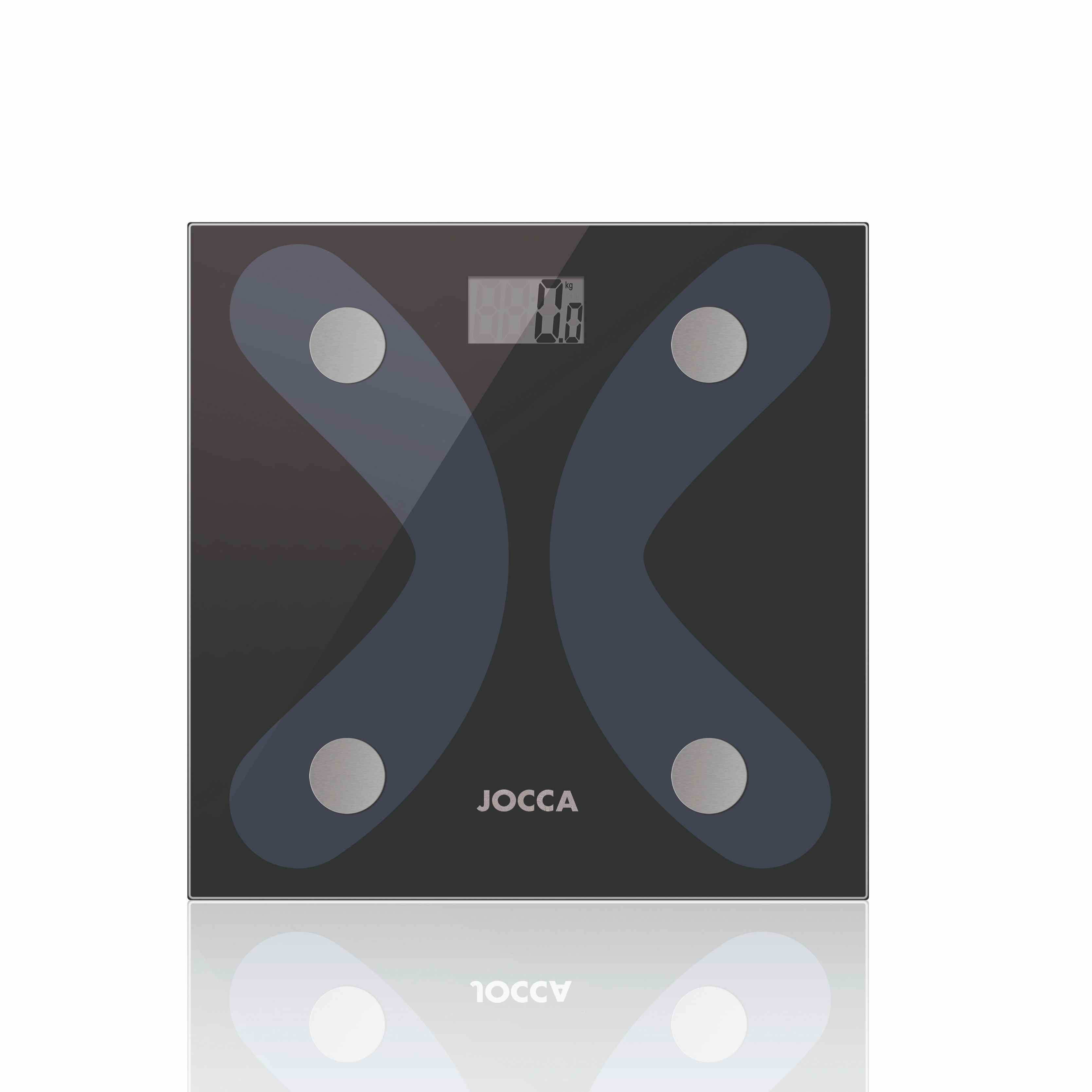 Jocca - Báscula Jocca con bluetooth 4.0 hecha de vidrio templado que determina el porcentaje de grasa corporal, agua corporal, masa muscular, hueso, IMC, calorías, grasa visceral y peso a través de la aplicación móvil