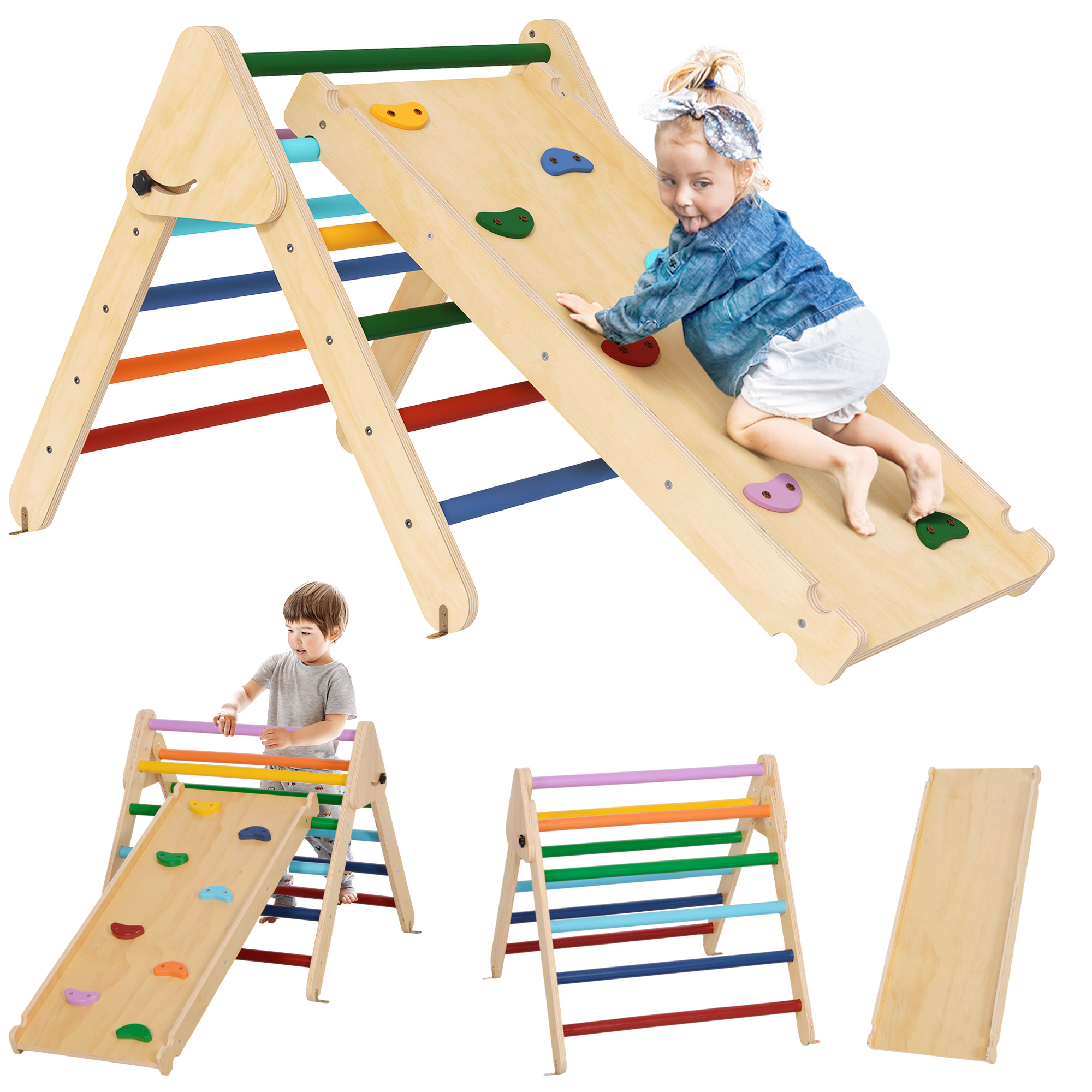 AIYAPLAY 3 en 1 Triángulo de Escalada Montessori, Escalada para Niños de Madera Plegable, para18-48 Meses, con Rampa, para Deslizarse o Escalar, 147x64,5 cm, Multicolor