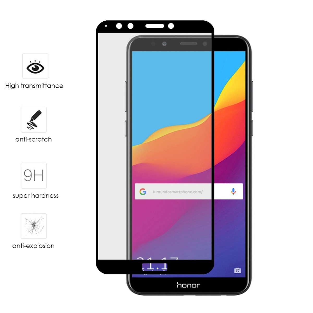 Tumundosmartphone Protector Cristal Templado Frontal Completo Negro para Huawei Honor 7C / Y7 2018 Vidrio