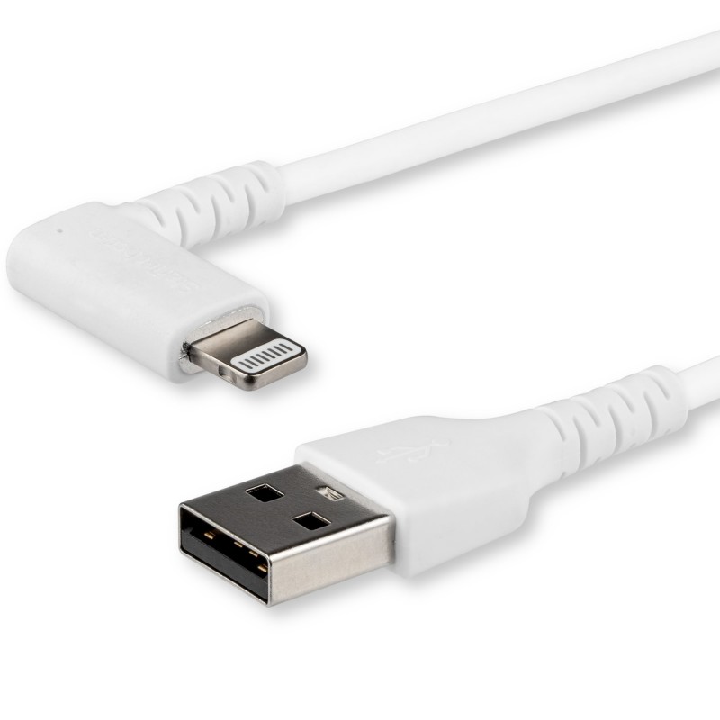 StarTech.com - Cable Resistente USB-A a Lightning de 1 m - Blanco -Acodado en un Ángulo de 90° a la Derecha - Cable de Carga y S RUSBLTMM1MWR