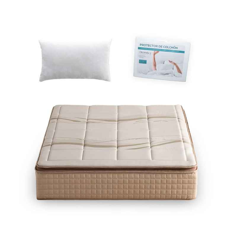 Dream&co – Pack Colchón CALYPSO 31 cm Premium (Viscoelástico + Látex + Muelles Ensacados) + Almohada Fibra Hueca + Protector Algodón Rizo