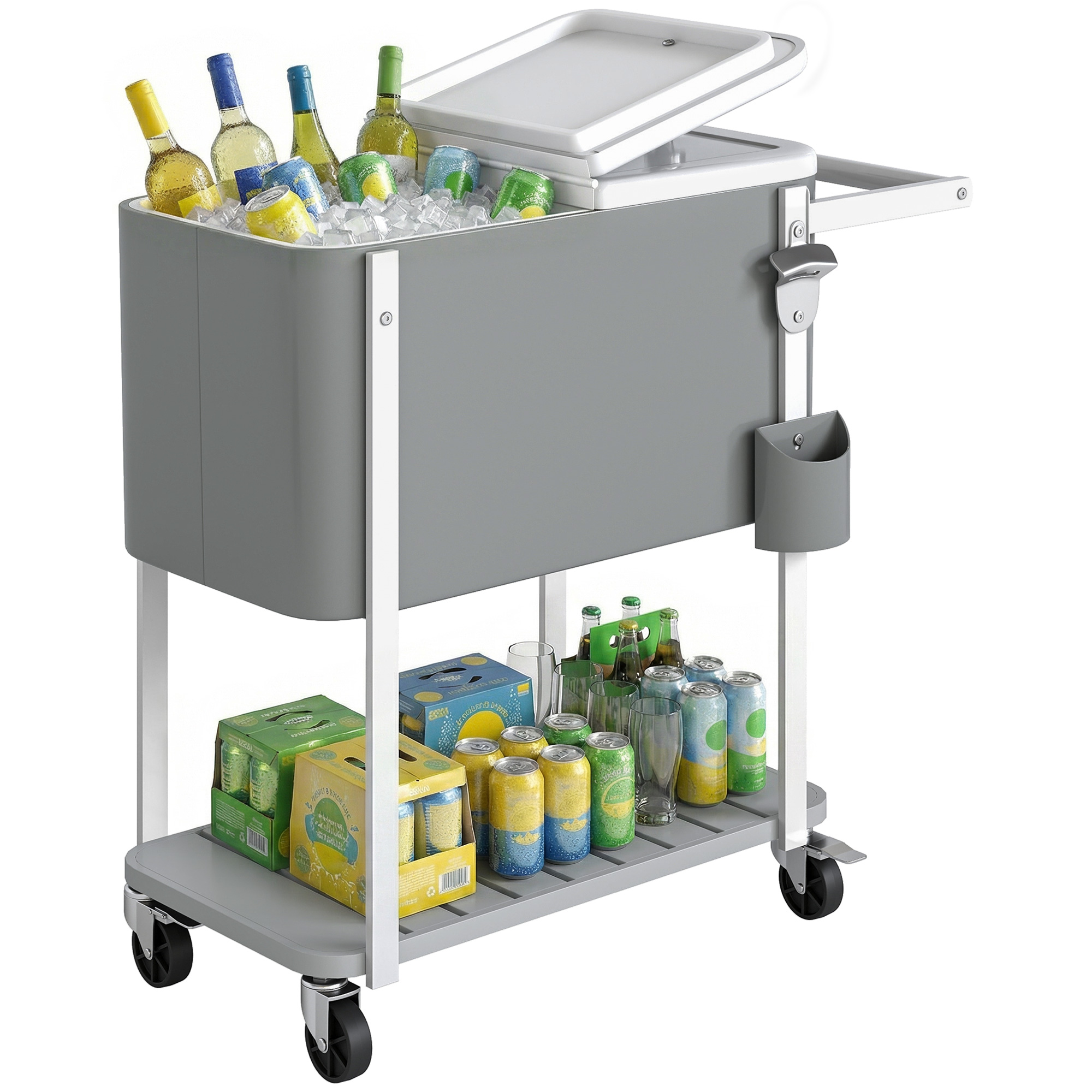 Outsunny Carrito Nevera de 56L con Ruedas, Carro de Bebidas con Estante, Abrebotellas, Recogetapas, Drenaje y Asa, Mesa Nevera Jardín Exterior para Patio, Fiesta, BBQ, 84x38x83 cm, Gris