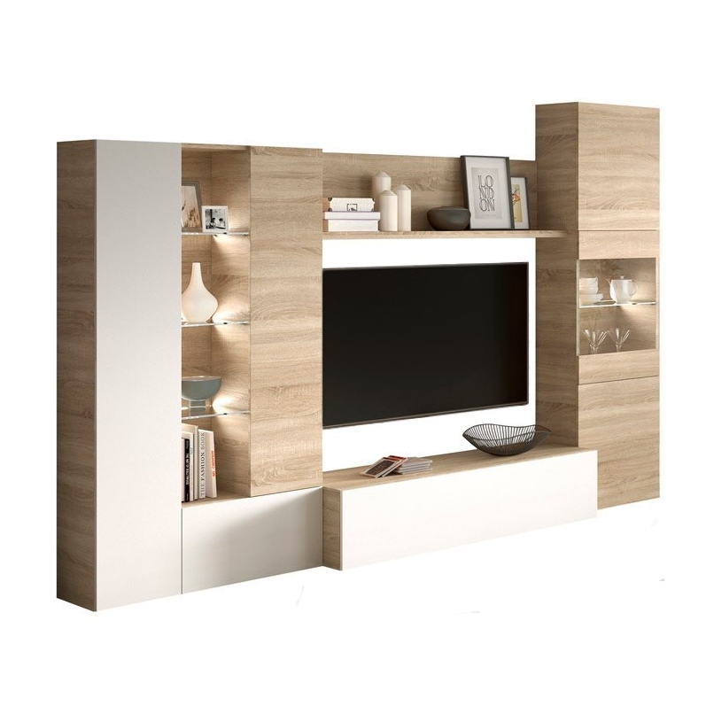 MOBELCENTER - Mueble Salón – Módulo TV, Módulo Vertical y Vitrina con Leds – Color Roble Canadian y Blanco Brillo – 260 cm x 42 cm x 185 cm - (0735)