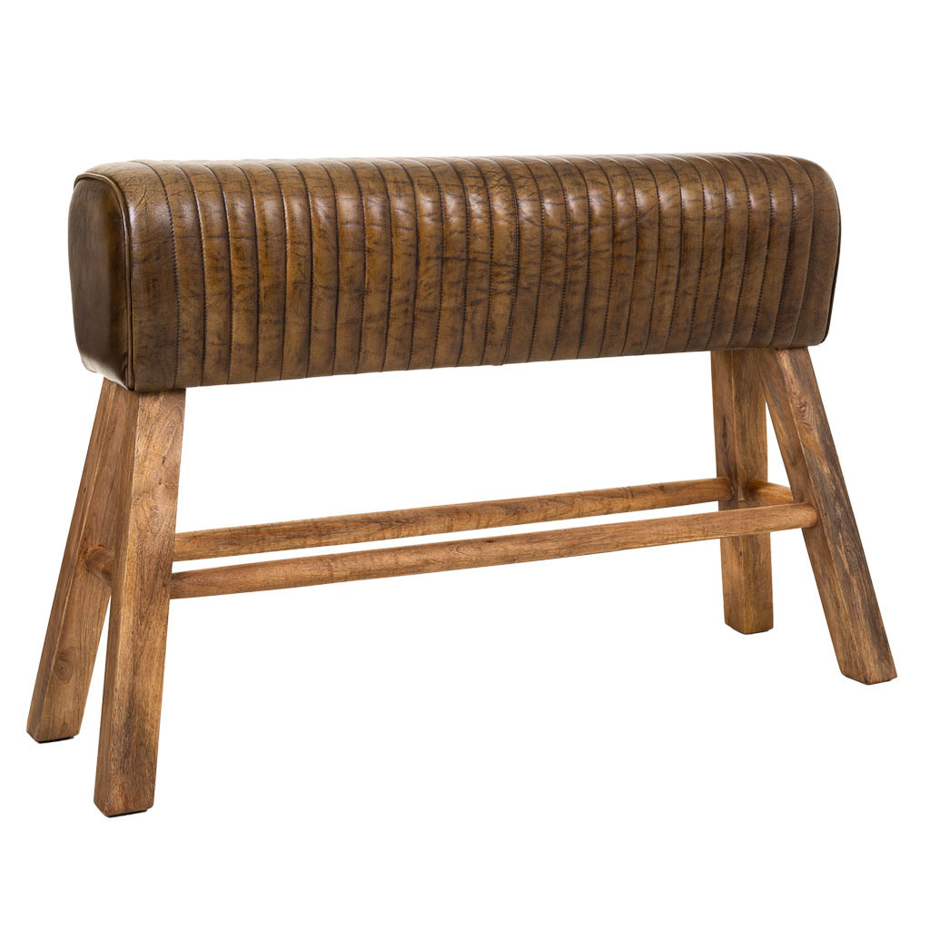 WANDERLUST DECO Banqueta de madera y piel marrón120x35x76h cm de estilo Art Deco
