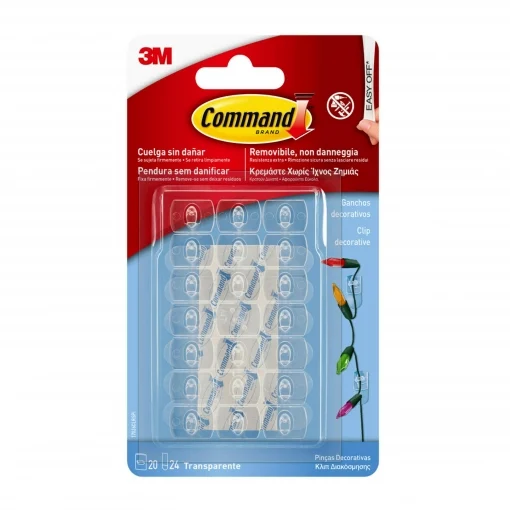 Mini Ganchos Decorativos Adhesivos Transparentes – Command Clip Strip | 5 Pack (100 Unidades)