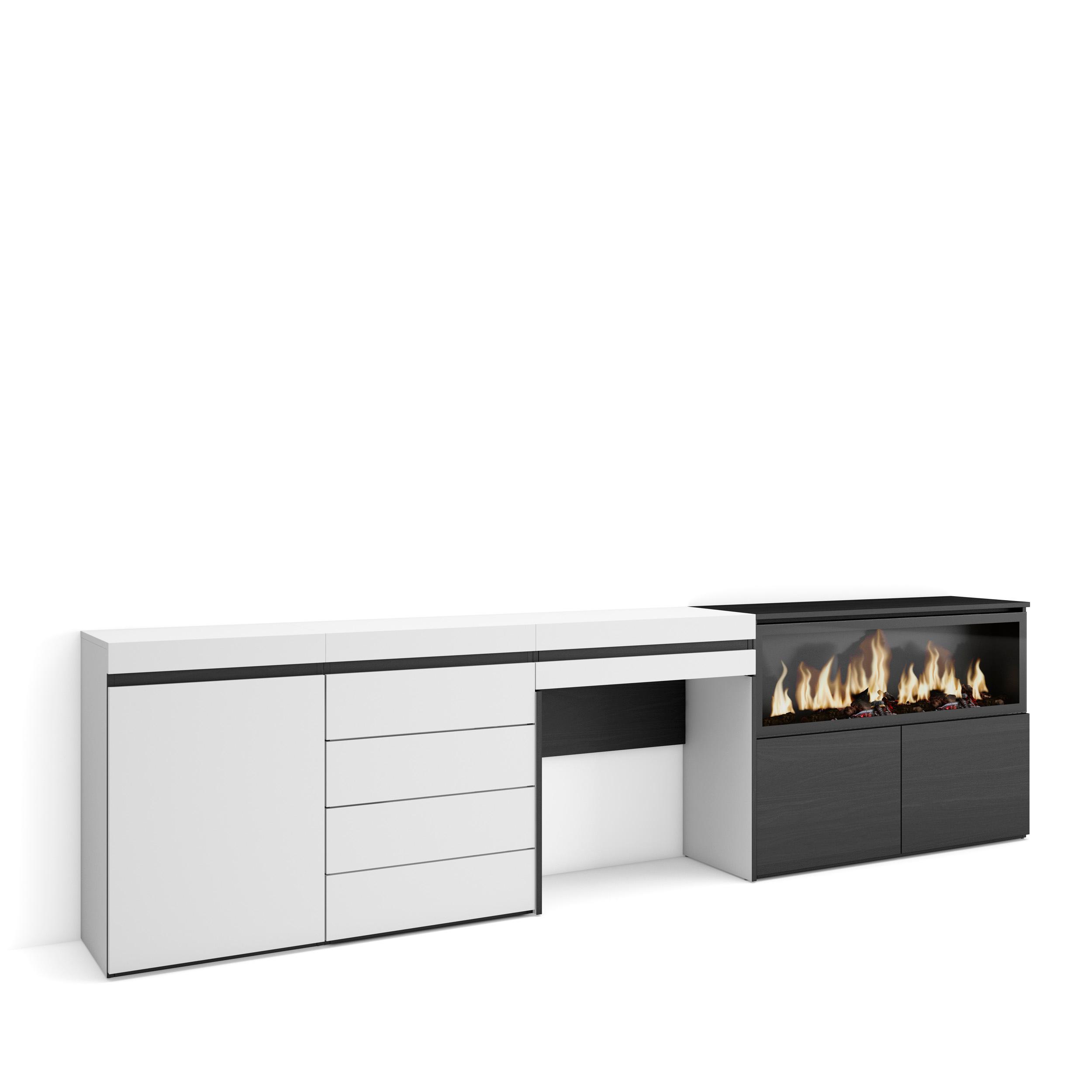 Skraut Home, Tocador con cajón, 284x35x75cm, Chimenea eléctrica XXL, Módulo una puerta, Cajonera de cuatro cajones