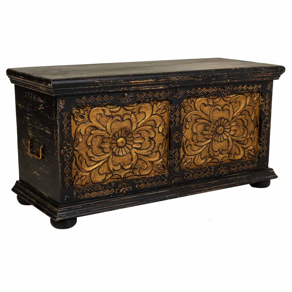 WANDERLUST DECO Baúl de Madera Labrada Negro - Mesa Auxiliar