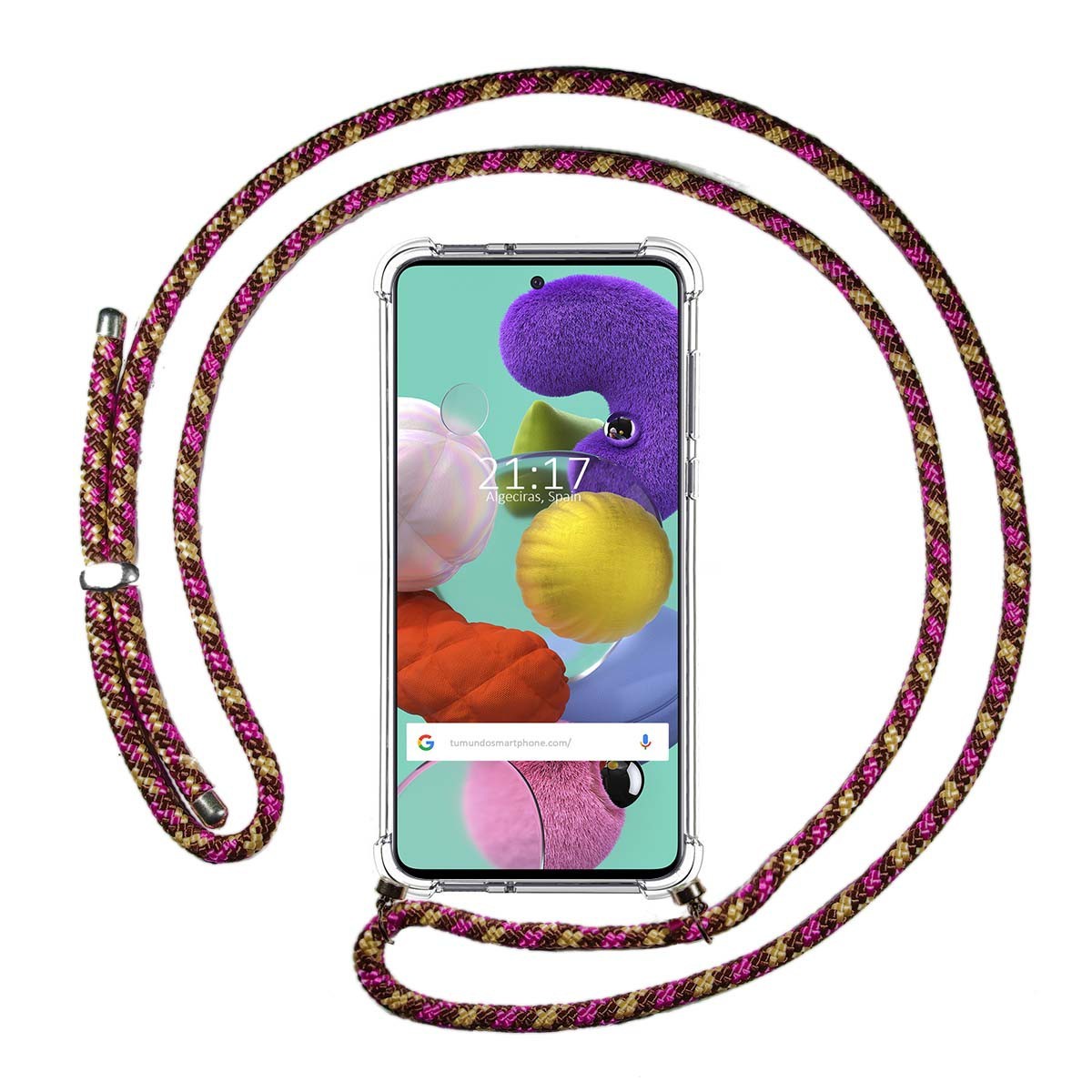 Tumundosmartphone Funda Colgante Transparente para Samsung Galaxy A51 con Cordon Rosa / Dorado