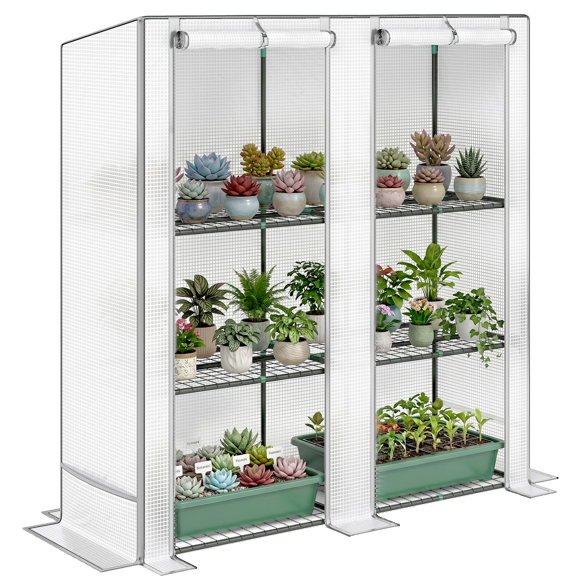 Outsunny Invernadero de Exterior de 3 Niveles Invernadero de Jardín con 6 Estantes 2 Puertas Enrollables con Cremallera Marco de Acero Cubierta de PE 140g/m² Anti-UV para Terraza 144x48x152 cm Blanco
