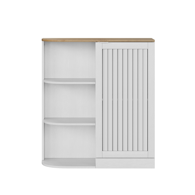 Meuble d’angle blanc et effet chêne avec étagères ouvertes et rangement fermé