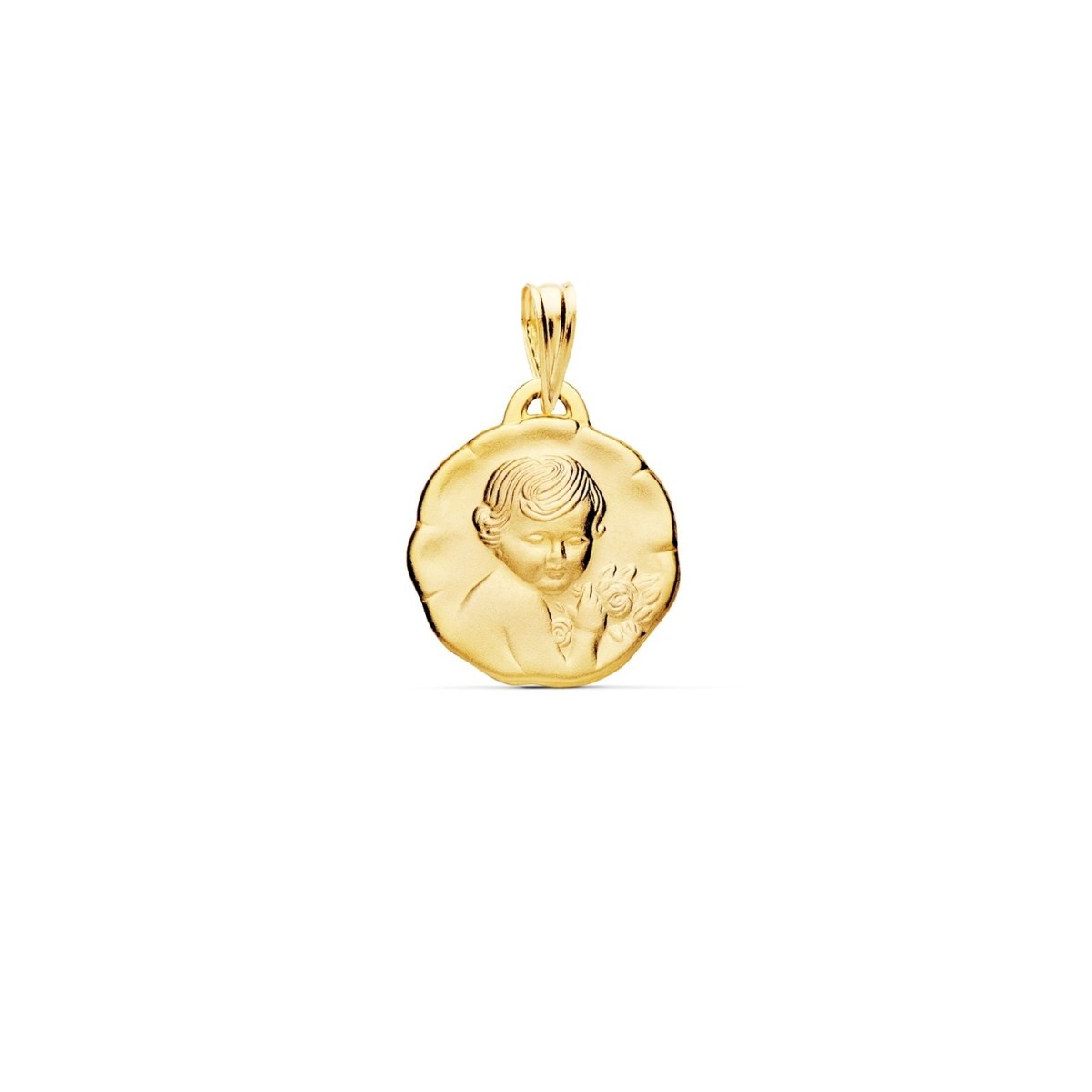 Medalla oro 18k Niño de la Flor 15mm. bebé relieve acabado satinado